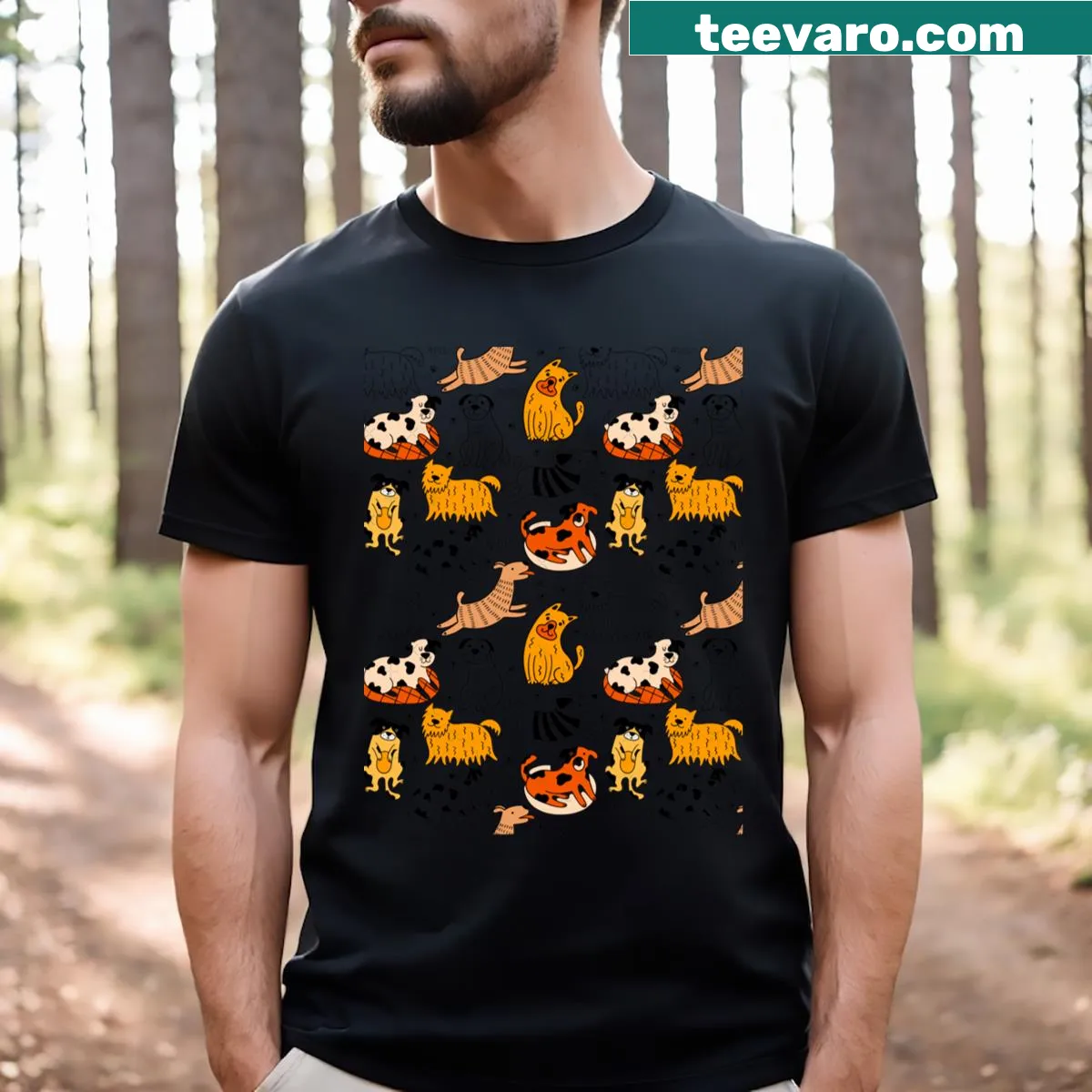 Playful seamless pattern t-shirt featuring various dogs — on a men's t-shirt