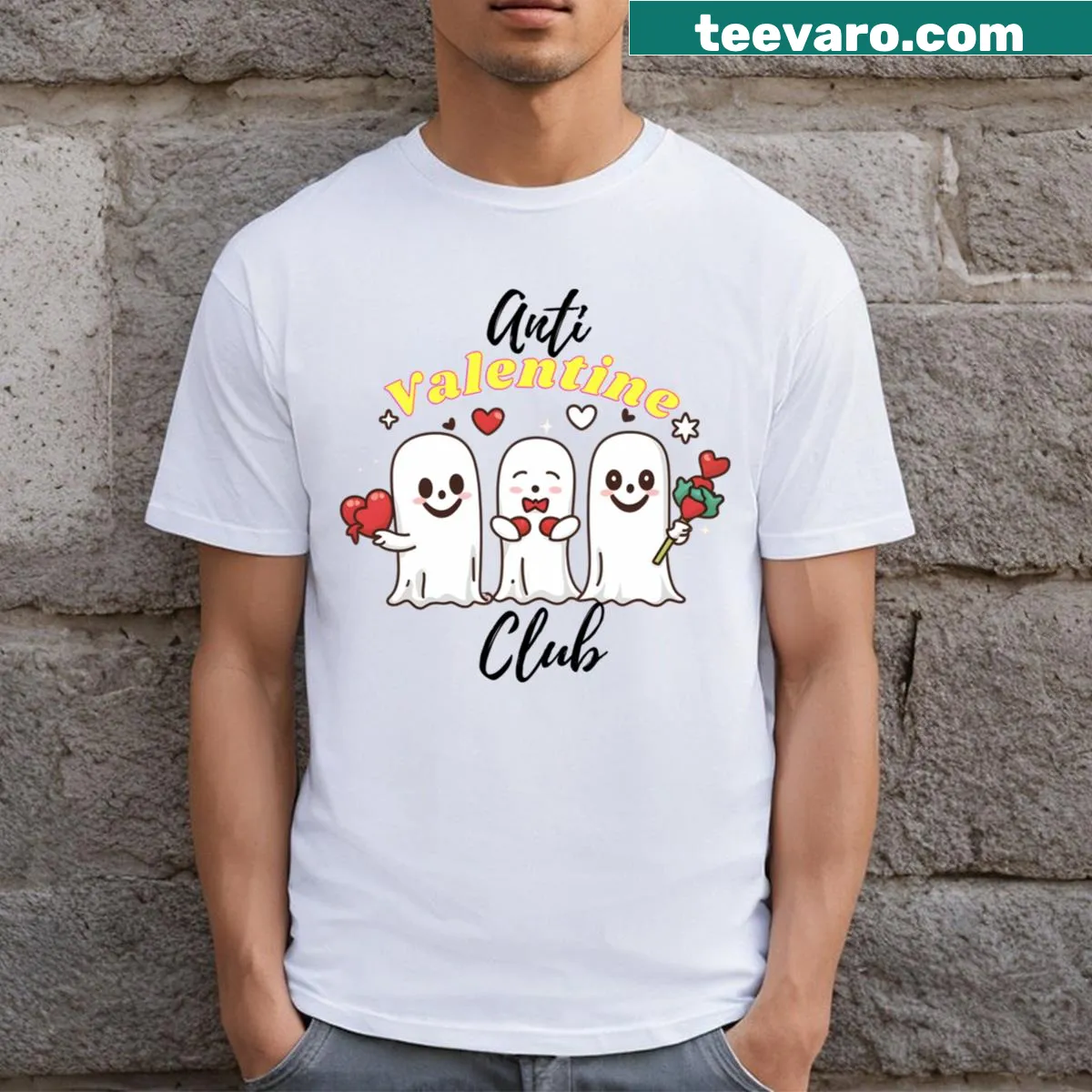 Cartoonish Anti Valentine Club t-shirt with playful ghosts design — on a men's t-shirt