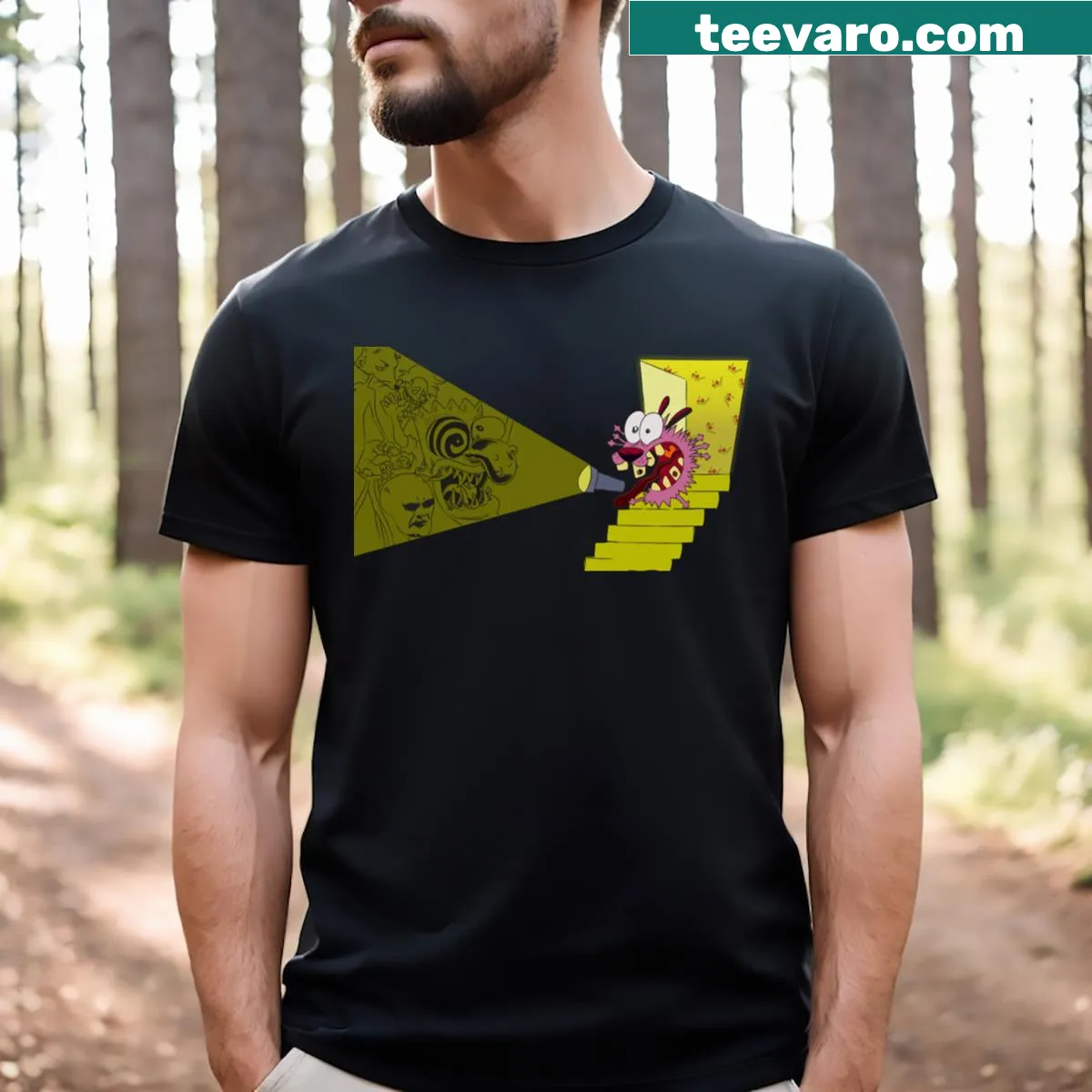 T-shirt featuring Courage the Cowardly Dog in a fun design — on a men's t-shirt