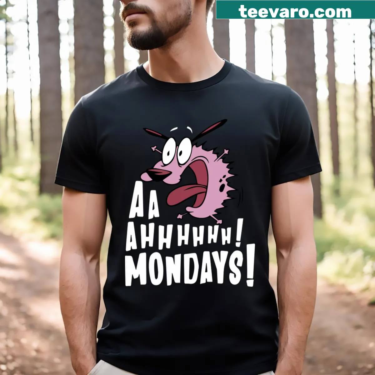 Humorous T-shirt inspired by Courage the Cowardly Dog — on a men's t-shirt