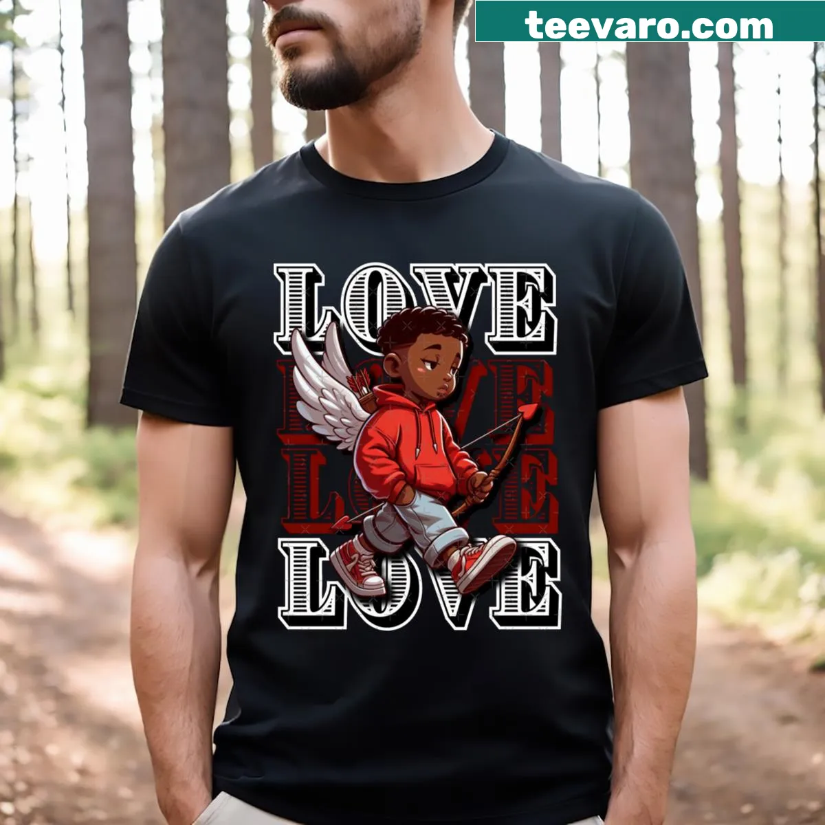 Cute Cupid illustration T-shirt celebrating love and romance — on a men's t-shirt