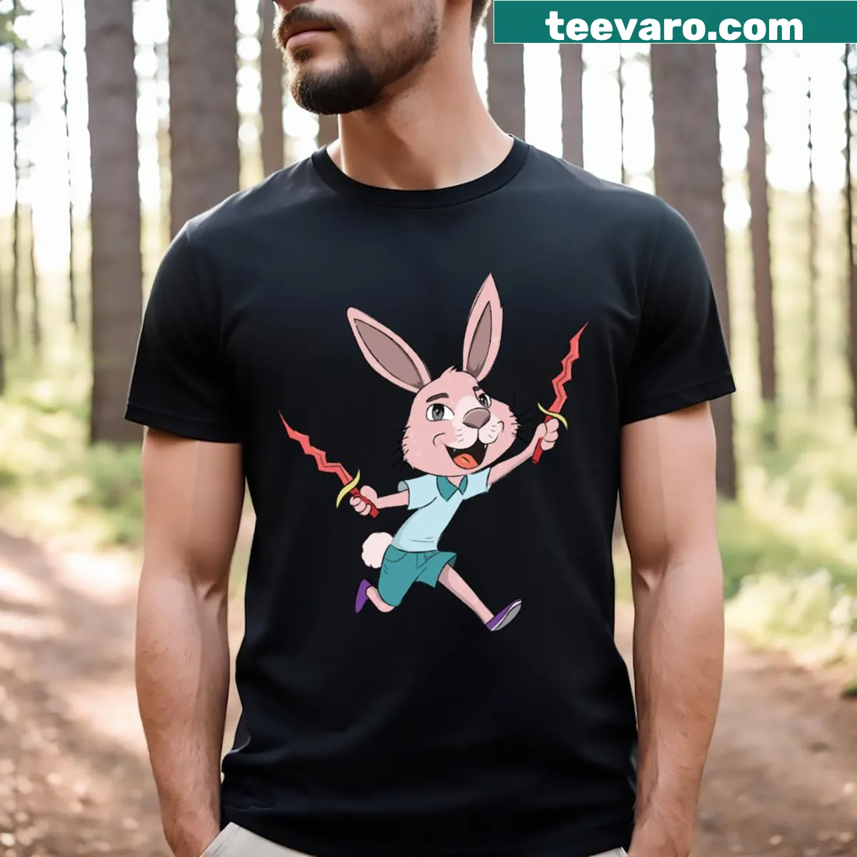 Cartoon bunny running with daggers on a playful t-shirt design. — on a men's t-shirt