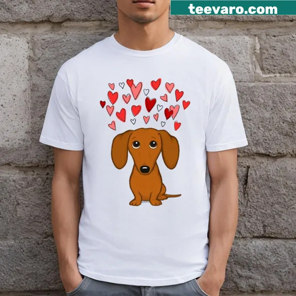 Cute dachshund cartoon T-shirt with Valentine hearts