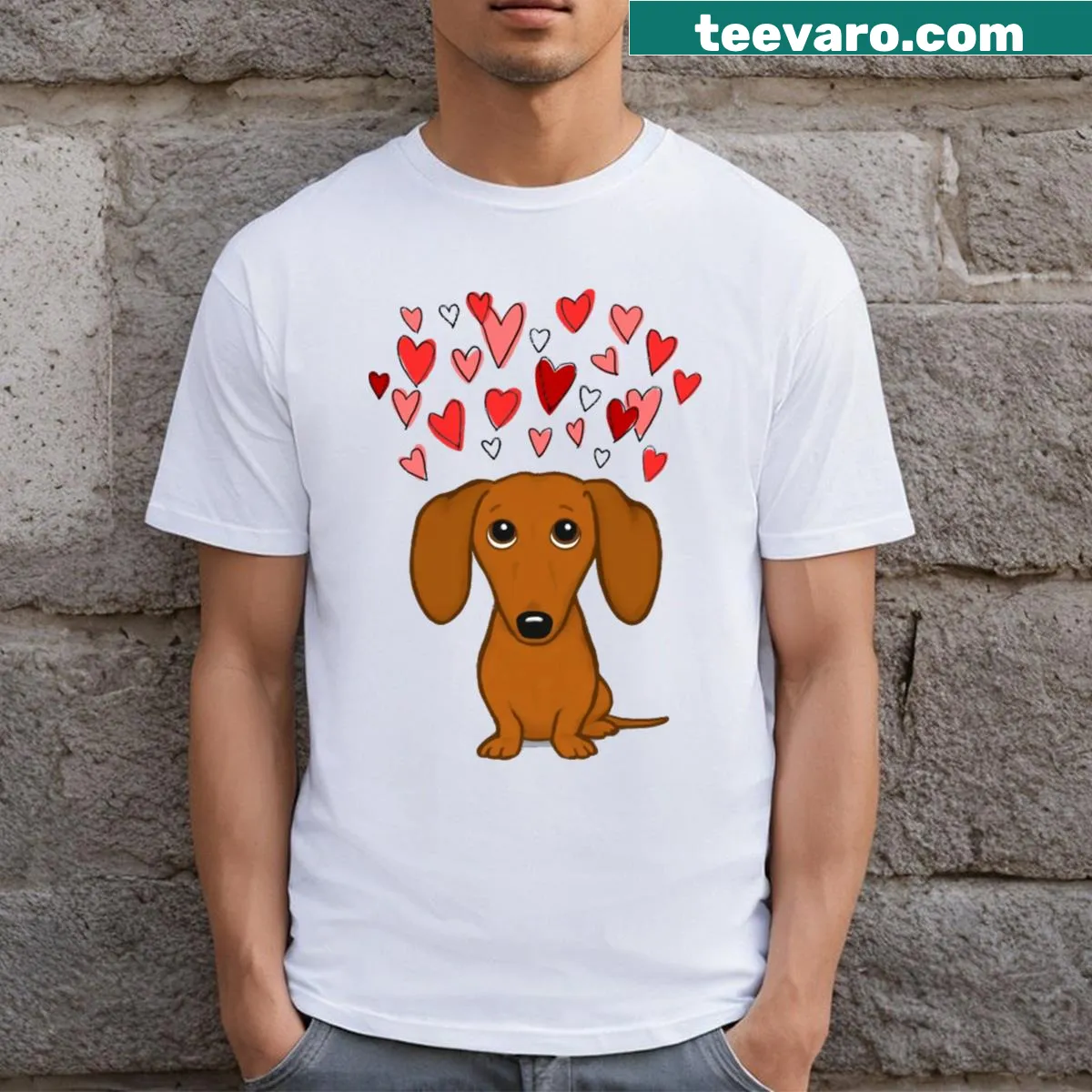 Cute dachshund cartoon T-shirt with Valentine hearts — on a men's t-shirt