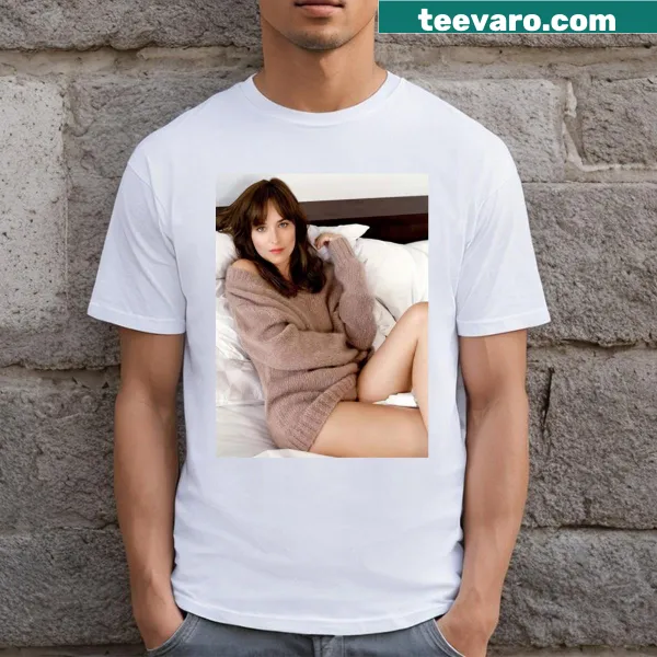 Artistic Dakota Johnson aesthetic t-shirt with abstract typography.