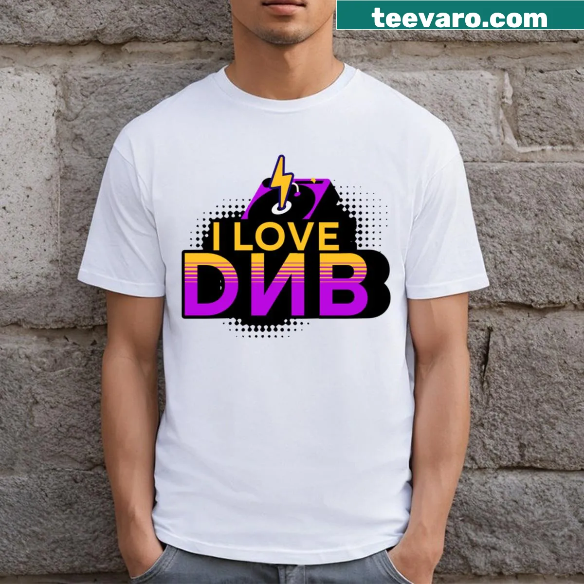 Bold 'I Love Drum And Bass' text on a black t-shirt — on a men's t-shirt