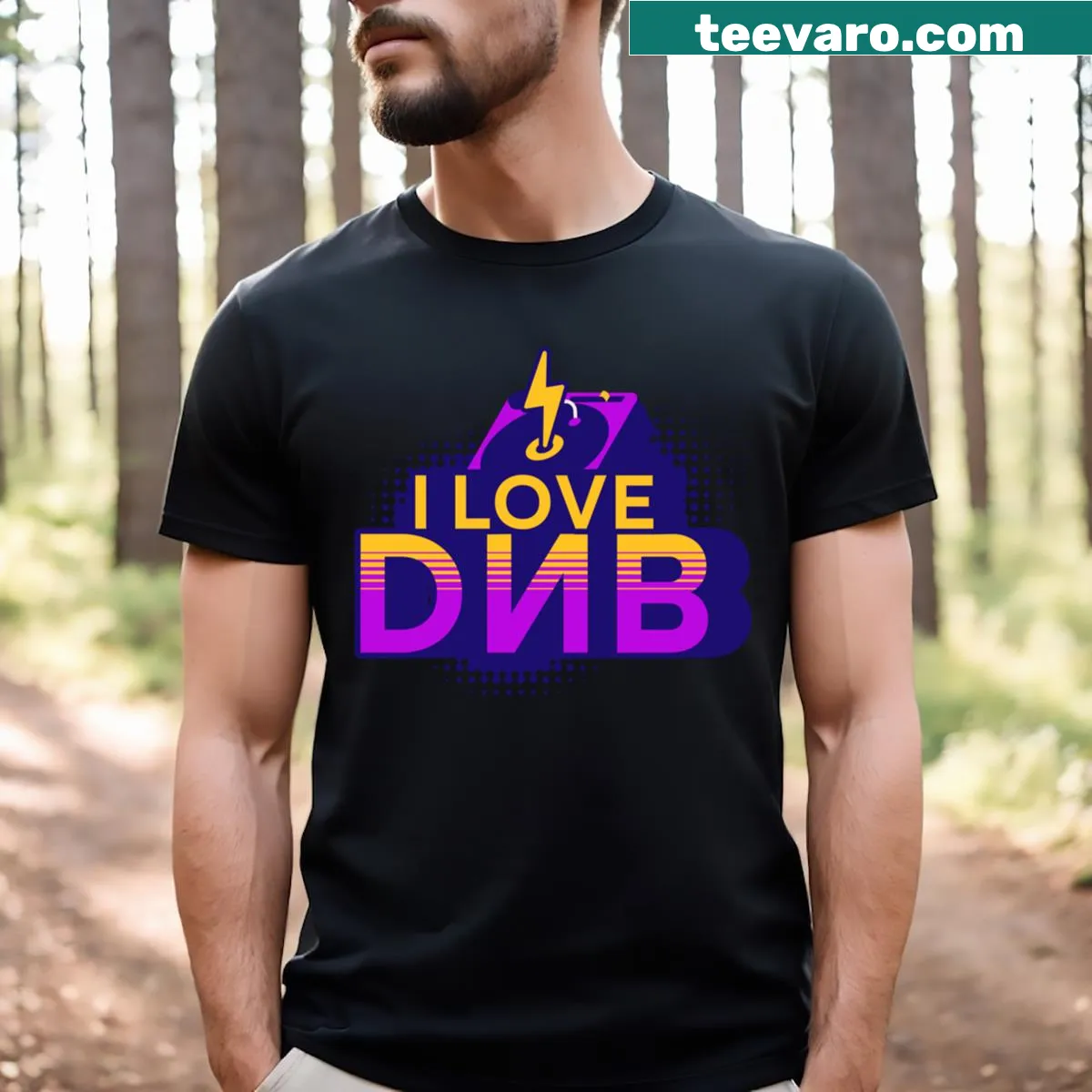 Bold t-shirt with typography celebrating drum and bass music — on a men's t-shirt