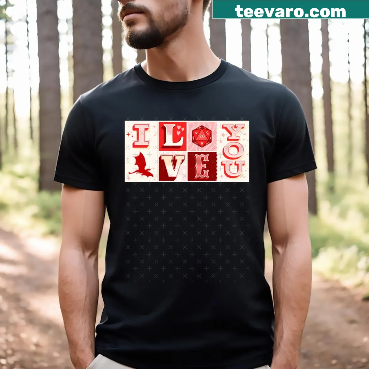 Cute typography T-shirt with D20 dice and 'I Love You' text — on a men's t-shirt