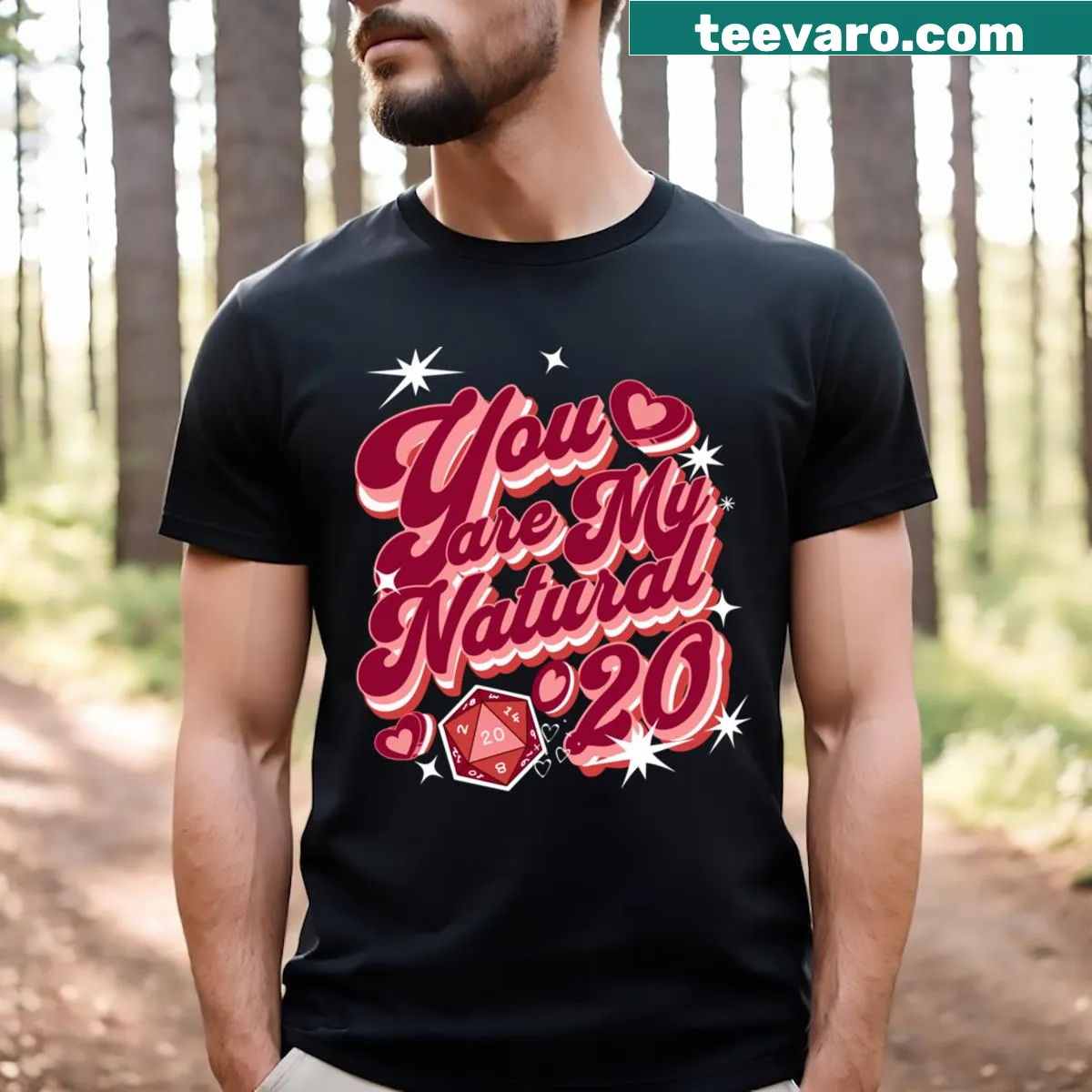 Playful t-shirt featuring D20 dice and romantic gaming quote — on a men's t-shirt
