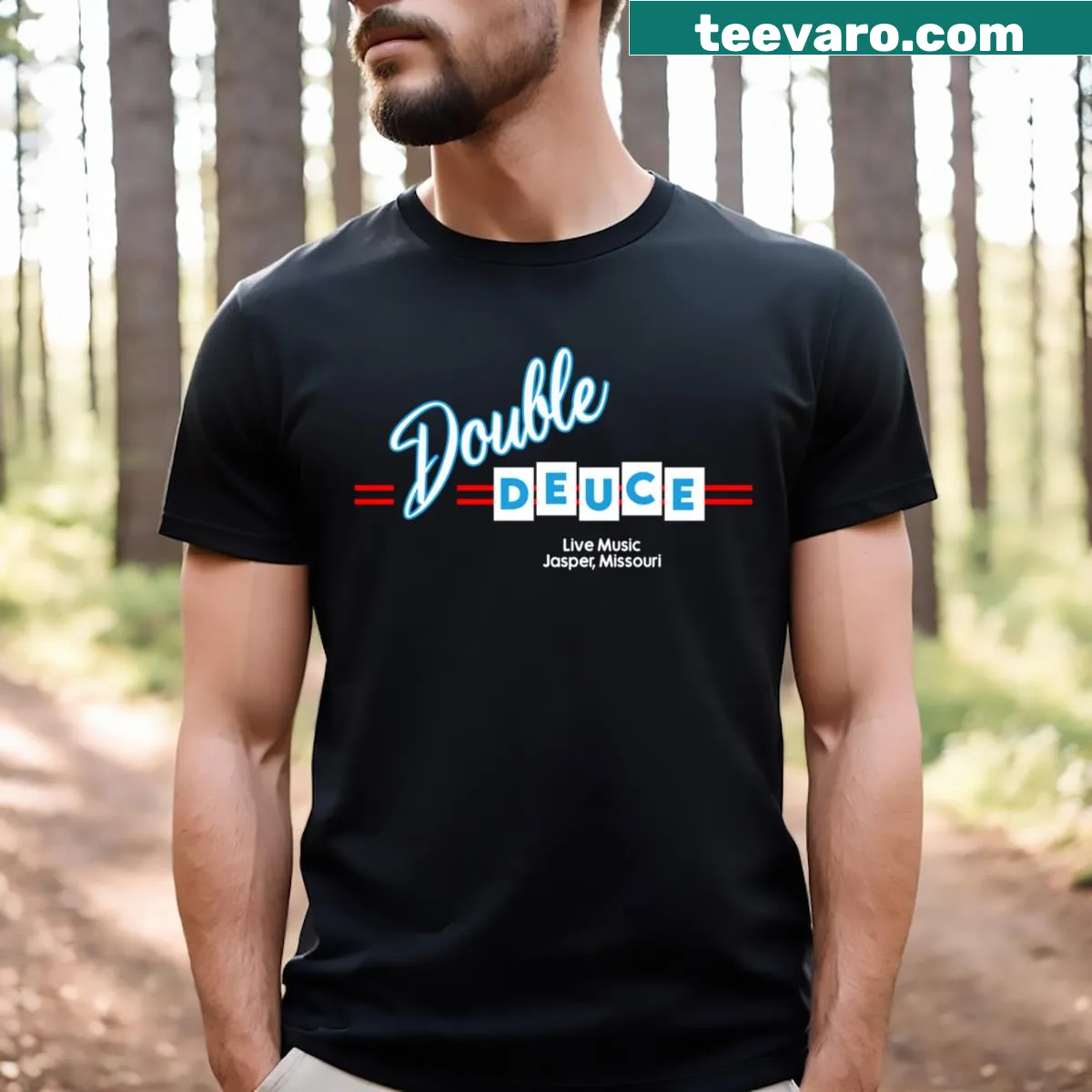 Double Deuce Road House themed t-shirt with a playful graphic — on a men's t-shirt