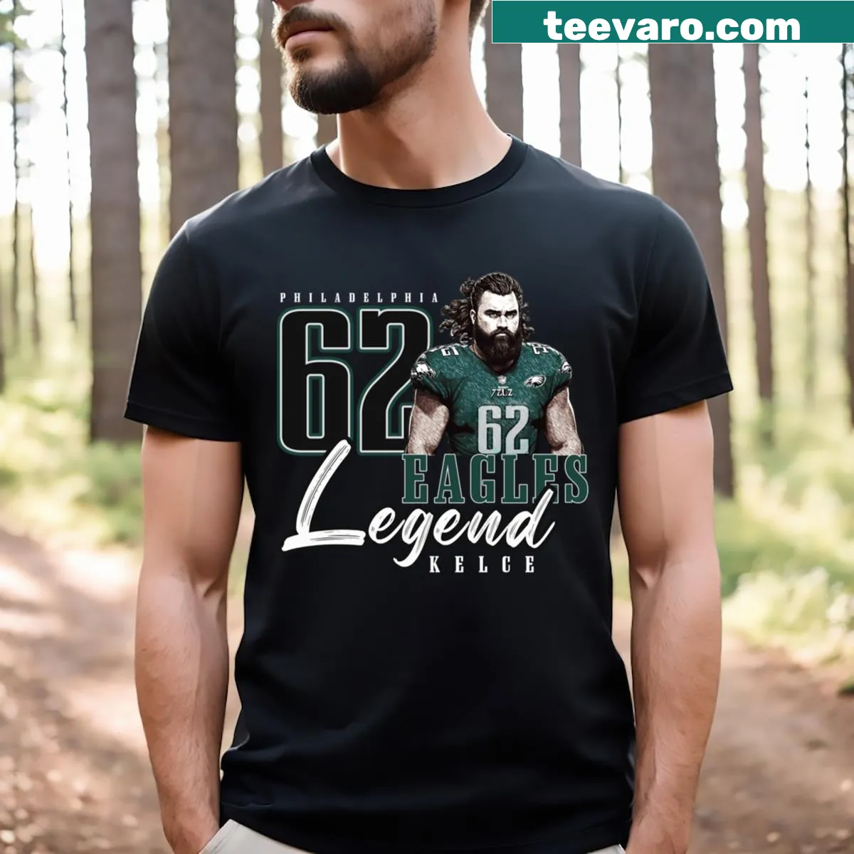 T-shirt featuring the name and number of Eagles legend Jason Kelce. — on a men's t-shirt