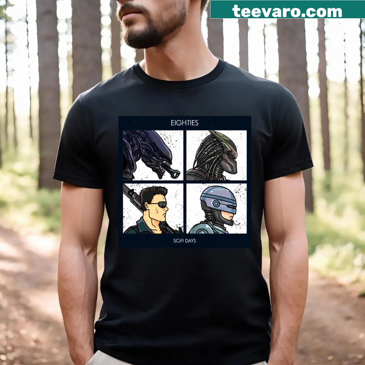 Vintage-style t-shirt celebrating 1980s sci-fi culture — on a men's t-shirt