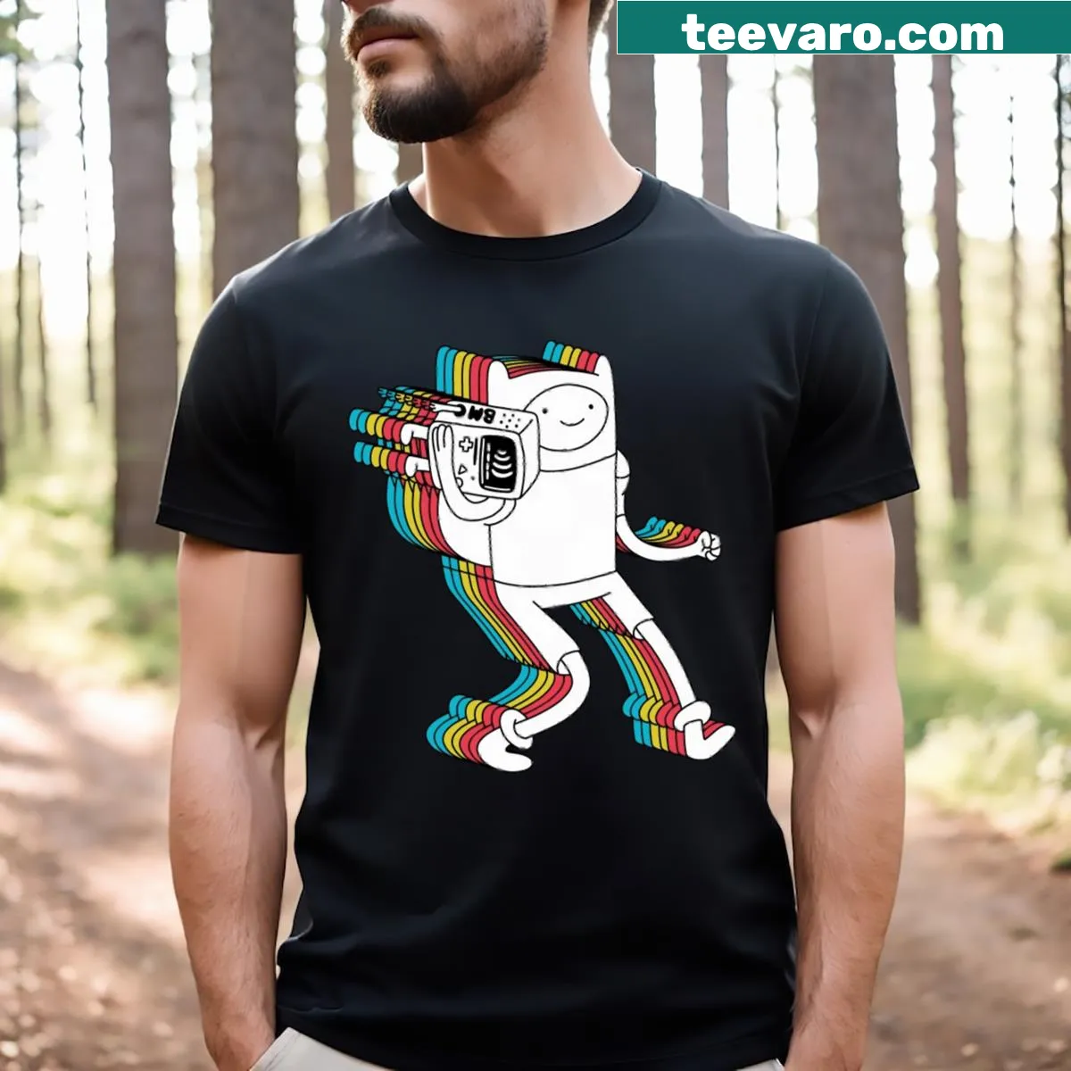 Fun t-shirt featuring Finn and BMO from the animated series — on a men's t-shirt