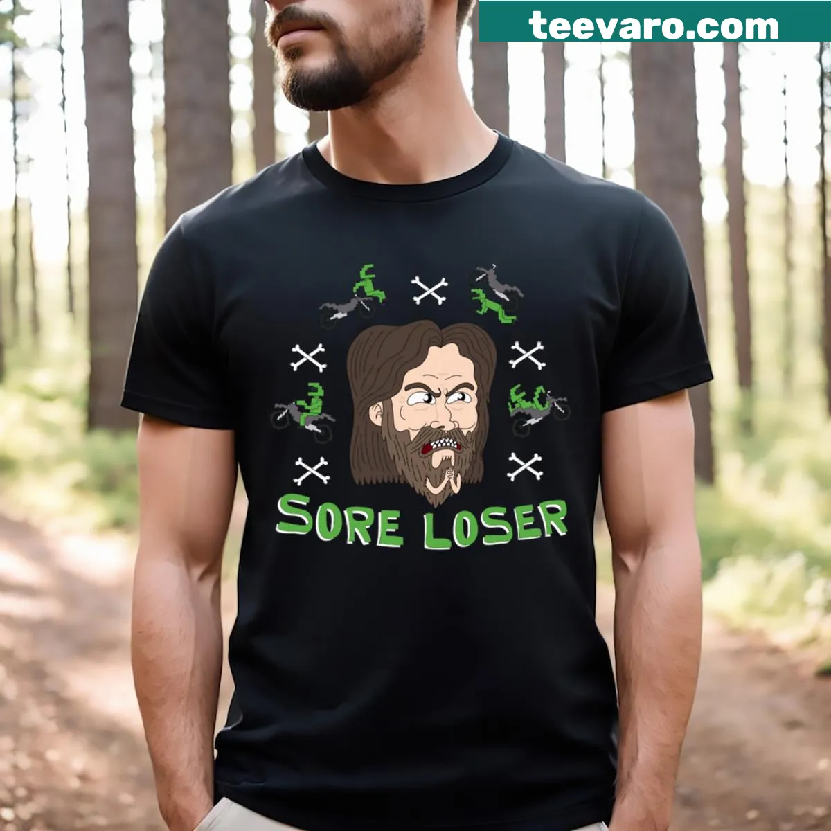 Funny T-shirt with Garrett Bobby Ferguson Sore Loser graphic — on a men's t-shirt