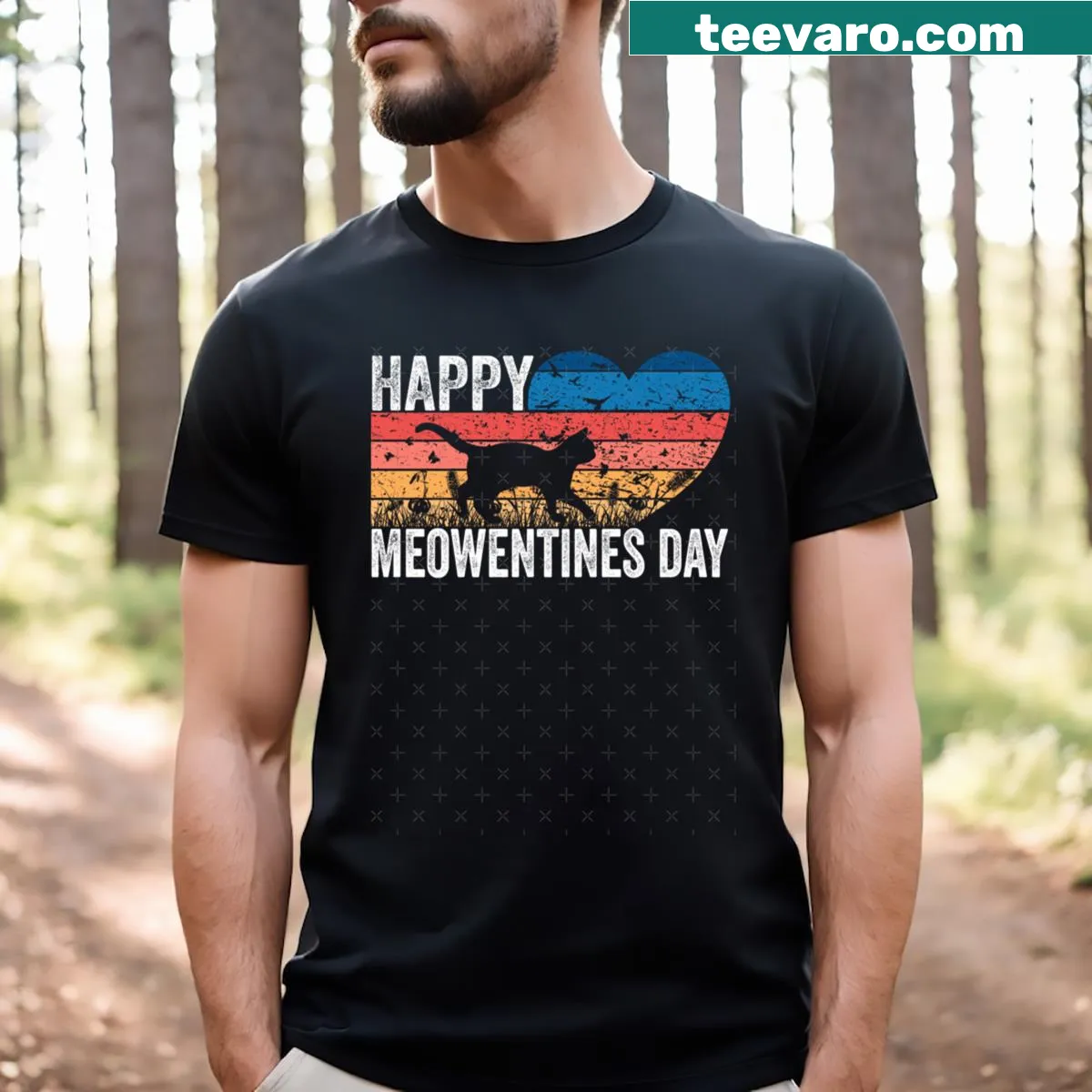 Vintage-style T-shirt for cat lovers celebrating Meowentines Day with cute graphics. — on a men's t-shirt