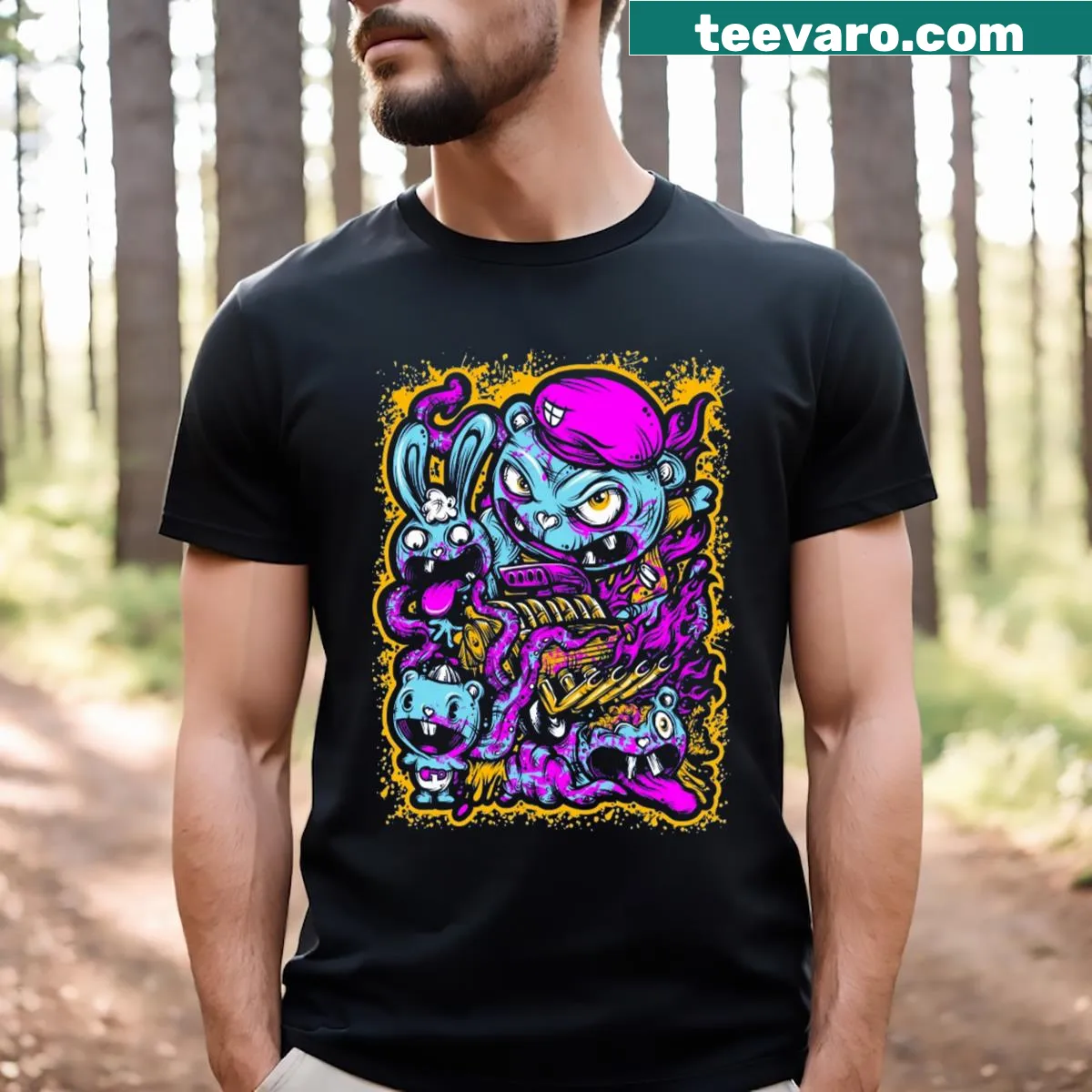 Whimsical T-shirt featuring a tree family design celebrating togetherness. — on a men's t-shirt
