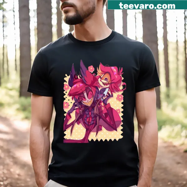 Illustrated Hazbin Hotel T-shirt with various character designs