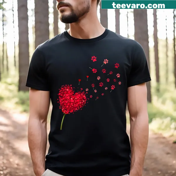 T-shirt featuring dandelions and dog paws, celebrating love for pets and partners.