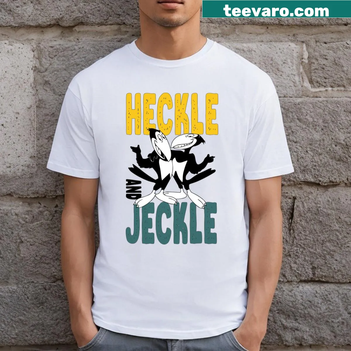 Vintage-style t-shirt featuring Heckle and Jeckle from classic cartoons. — on a men's t-shirt