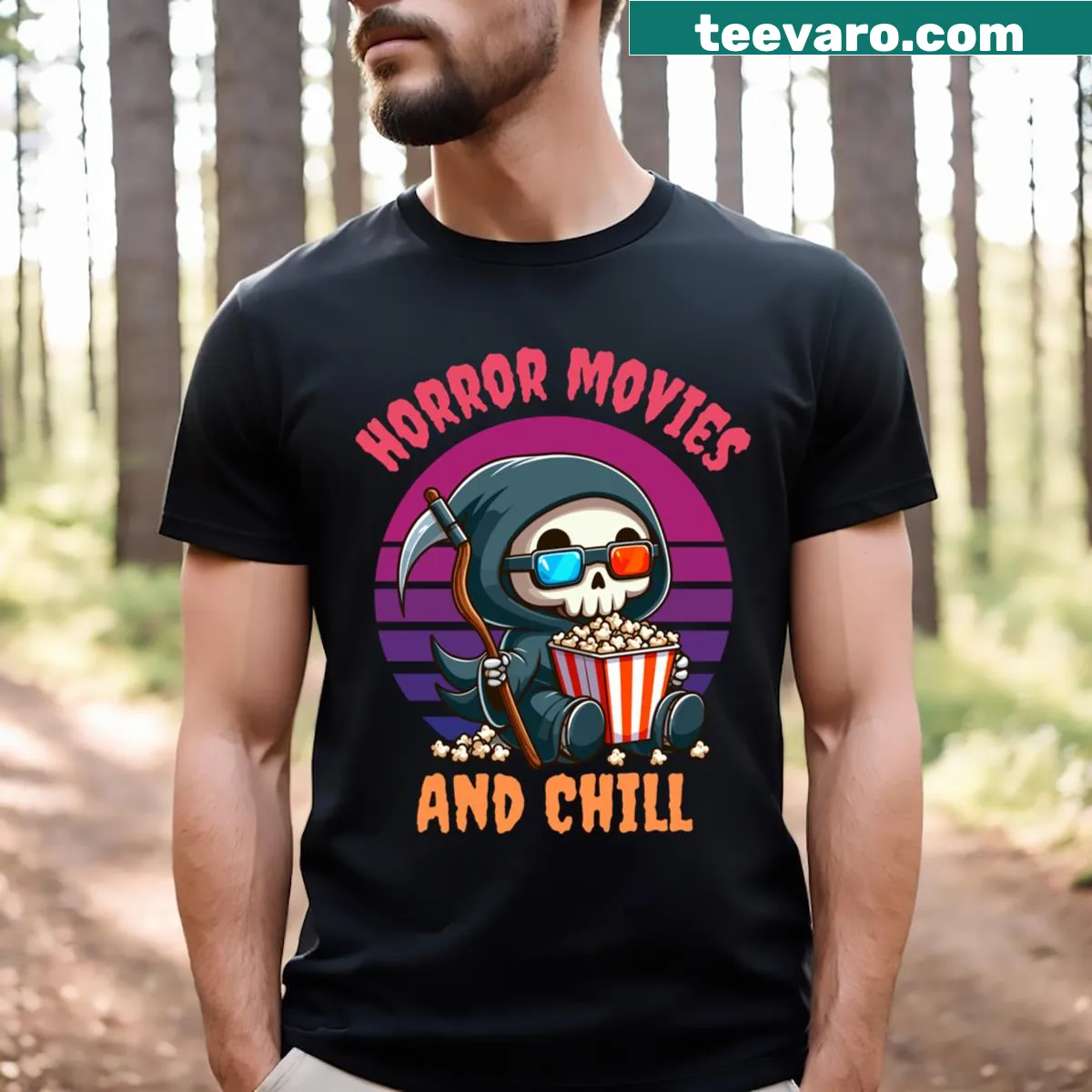 Playful t-shirt featuring the phrase 'Horror Movies And Chill.' — on a men's t-shirt