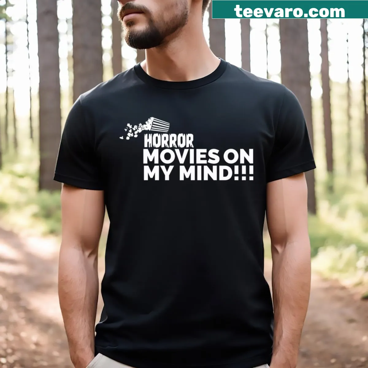 Text graphic stating 'Horror Movies On My Mind' on a t-shirt — on a men's t-shirt