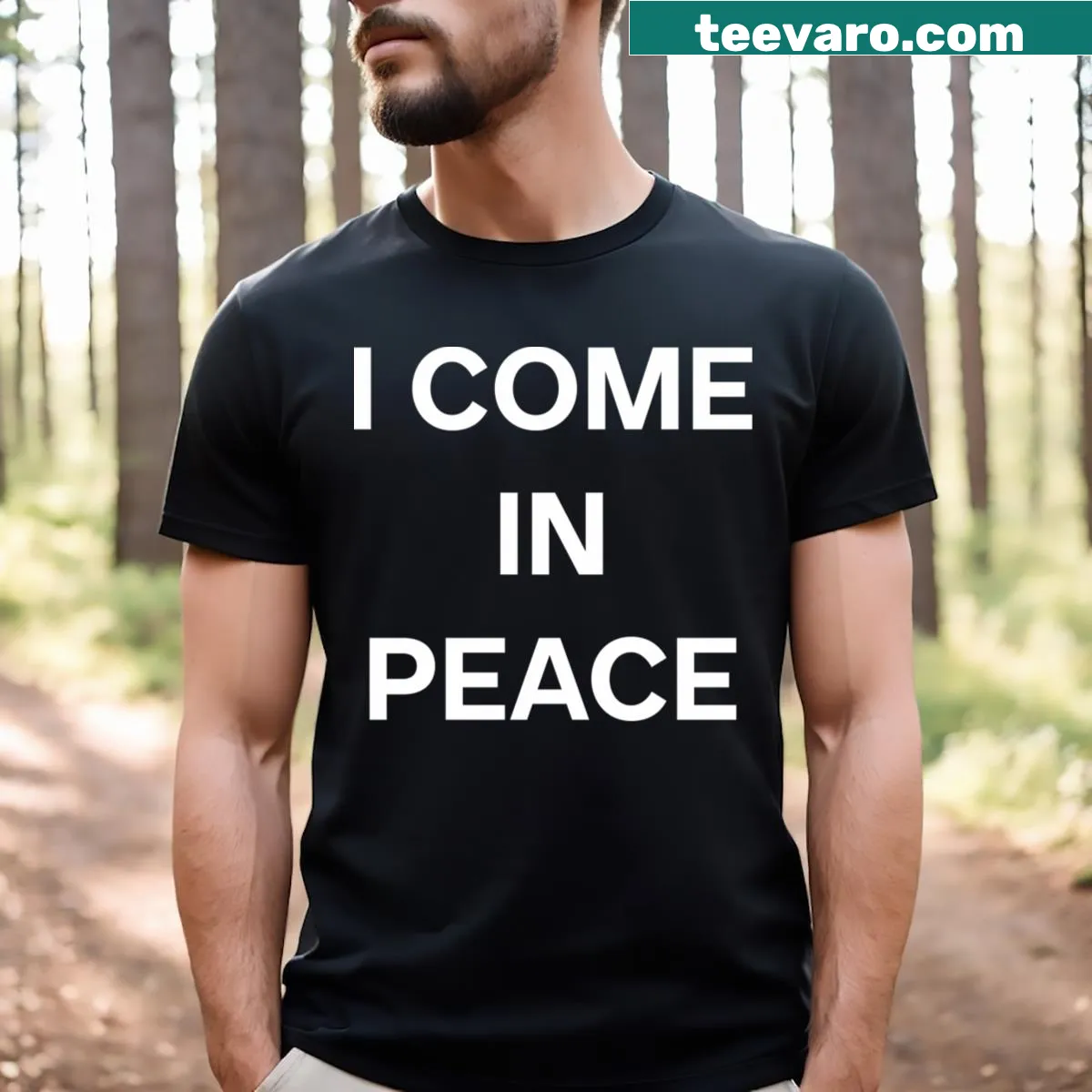 Matching couple T-shirt with the phrase I Come In Peace in playful font — on a men's t-shirt