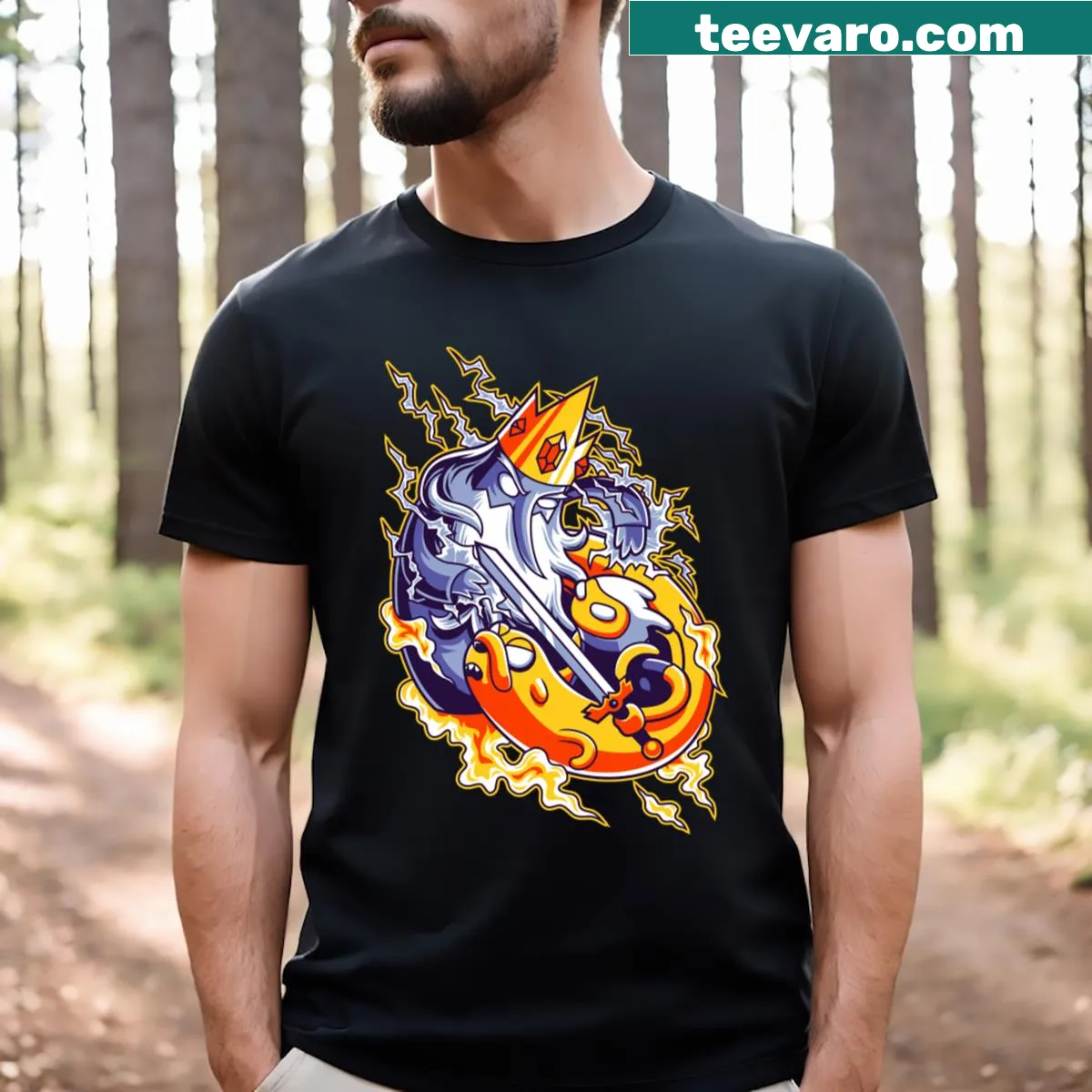 Illustration of Jake Finn facing the Ice King on a T-shirt — on a men's t-shirt