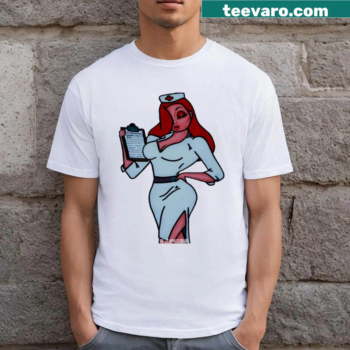 T-shirt featuring a whimsical design of Jessica Rabbit — on a men's t-shirt