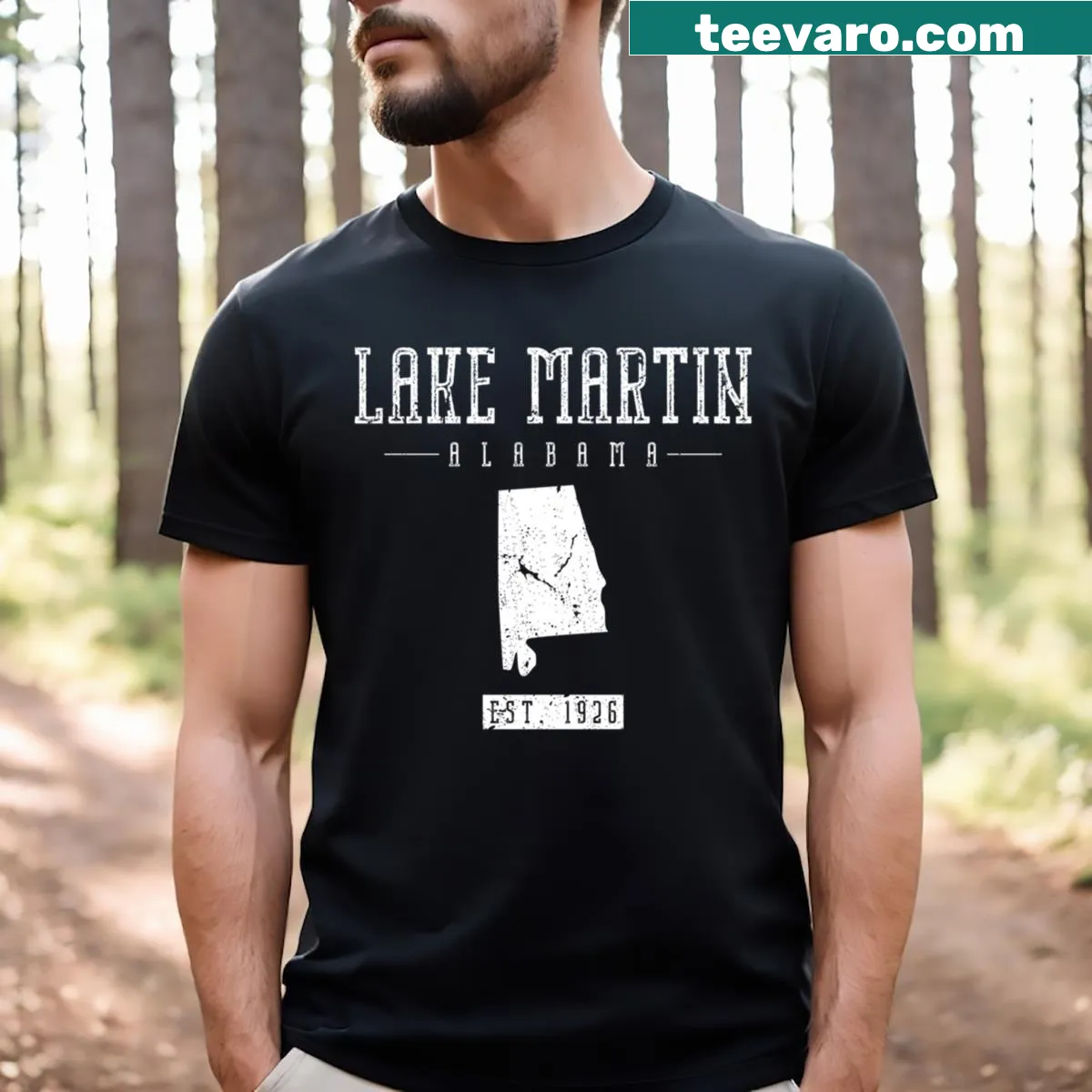 Illustrative T-shirt showcasing Lake Martin Alabama since 1926 — on a men's t-shirt