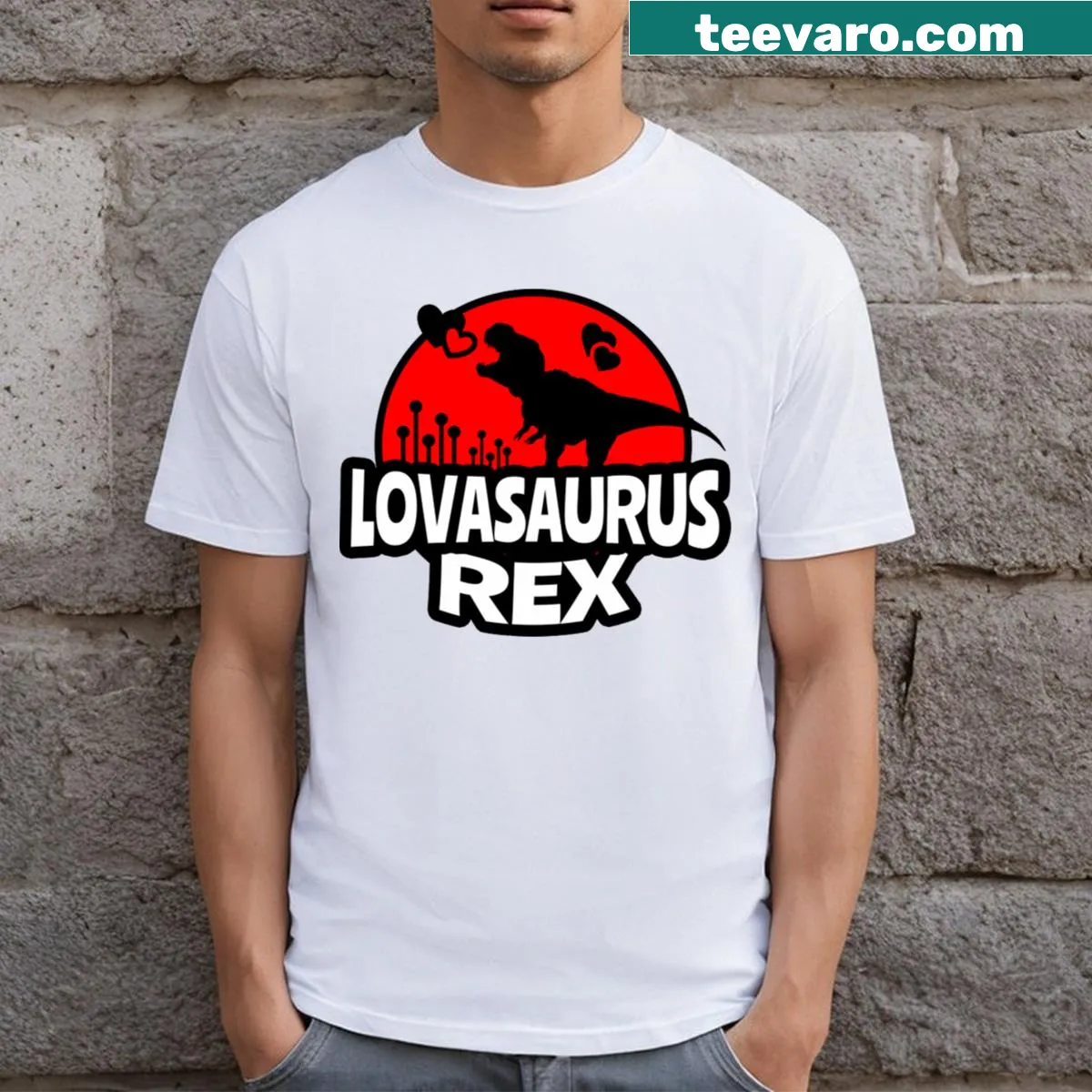 Cute T-shirt with Lovasaurus Rex dinosaur illustration for kids — on a men's t-shirt