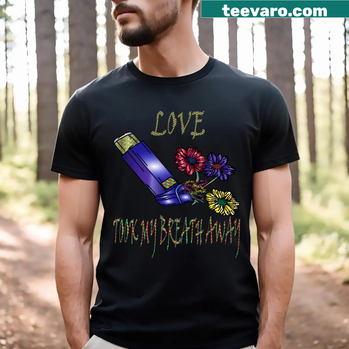 Playful t-shirt with love-themed inhaler graphic — on a men's t-shirt