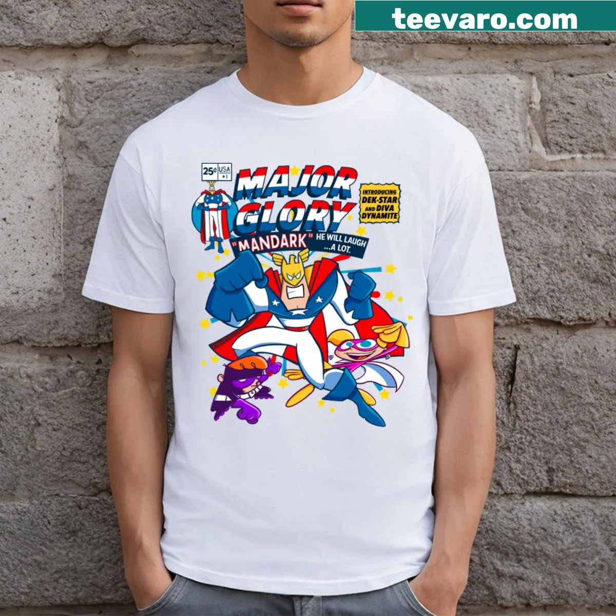 Illustrated t-shirt featuring Major Glory in action from comics — on a men's t-shirt