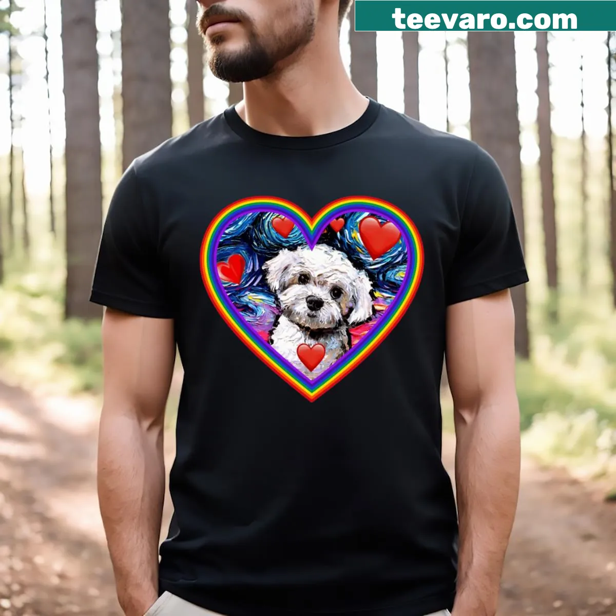 Maltipoo illustration in a rainbow heart on a T-shirt — on a men's t-shirt