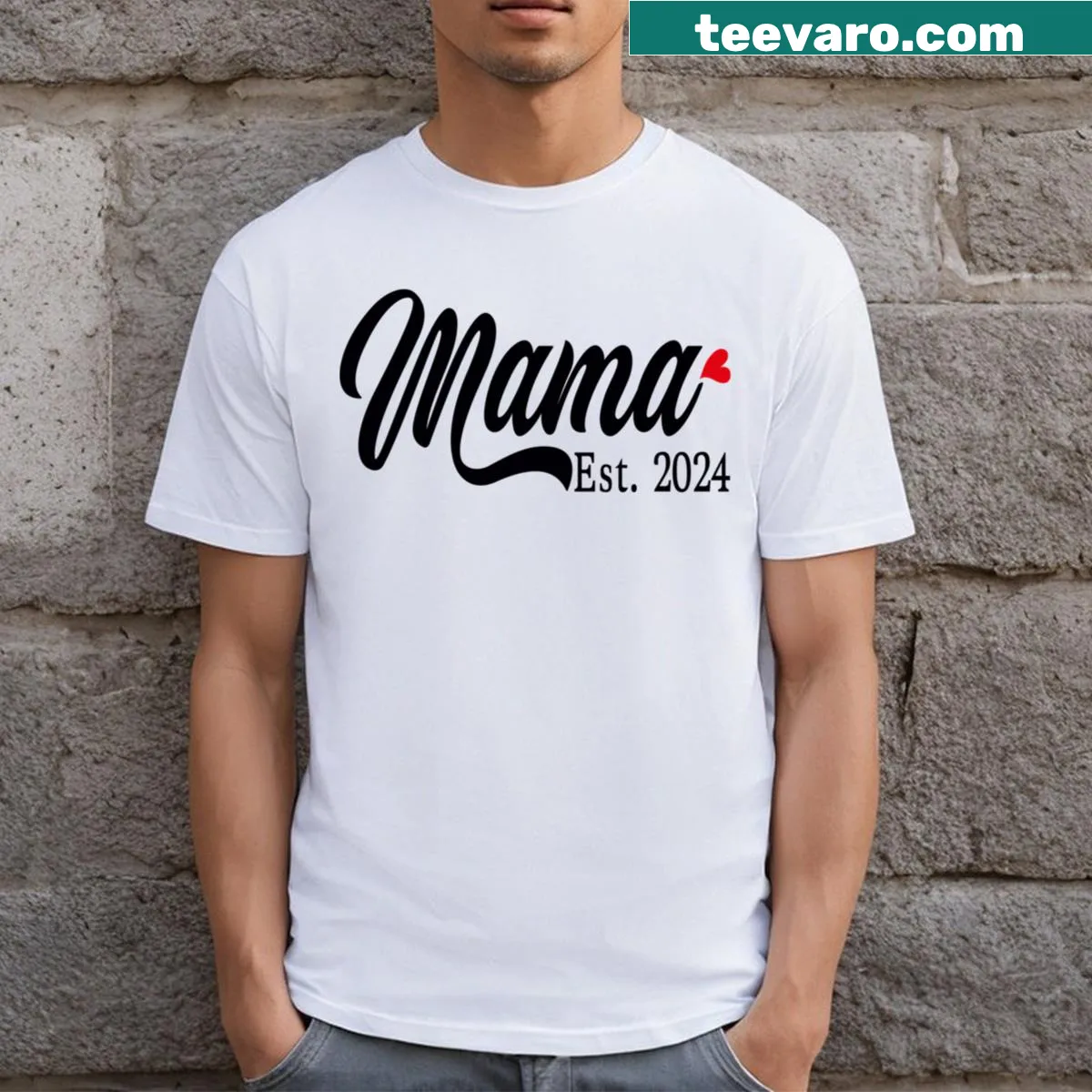 Mama Est 2024 t-shirt celebrating the journey to motherhood — on a men's t-shirt