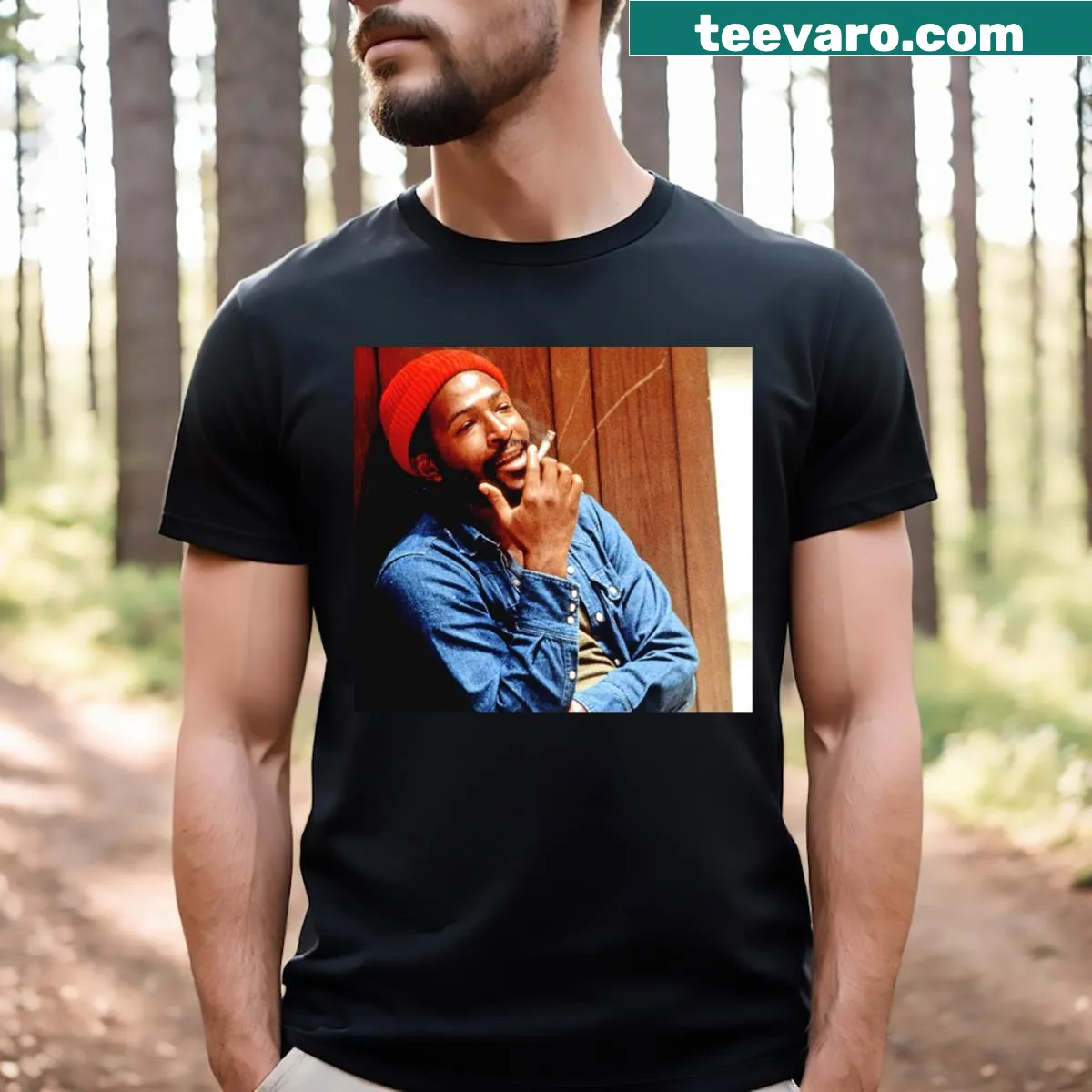 Illustrated Marvin Gaye t-shirt for music enthusiasts — on a men's t-shirt