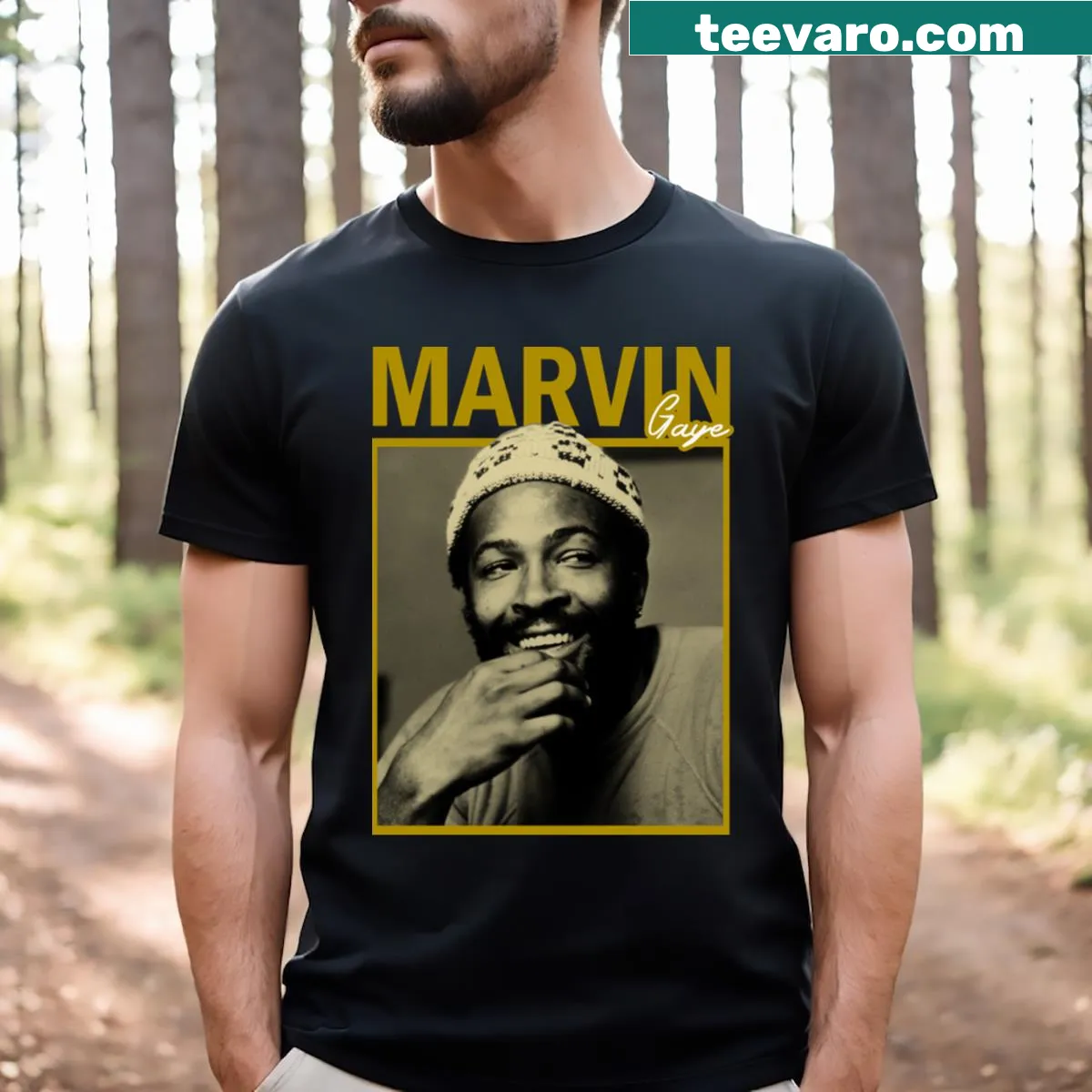 Retro T-shirt featuring a graphic tribute to Marvin Gaye, perfect for music fans. — on a men's t-shirt