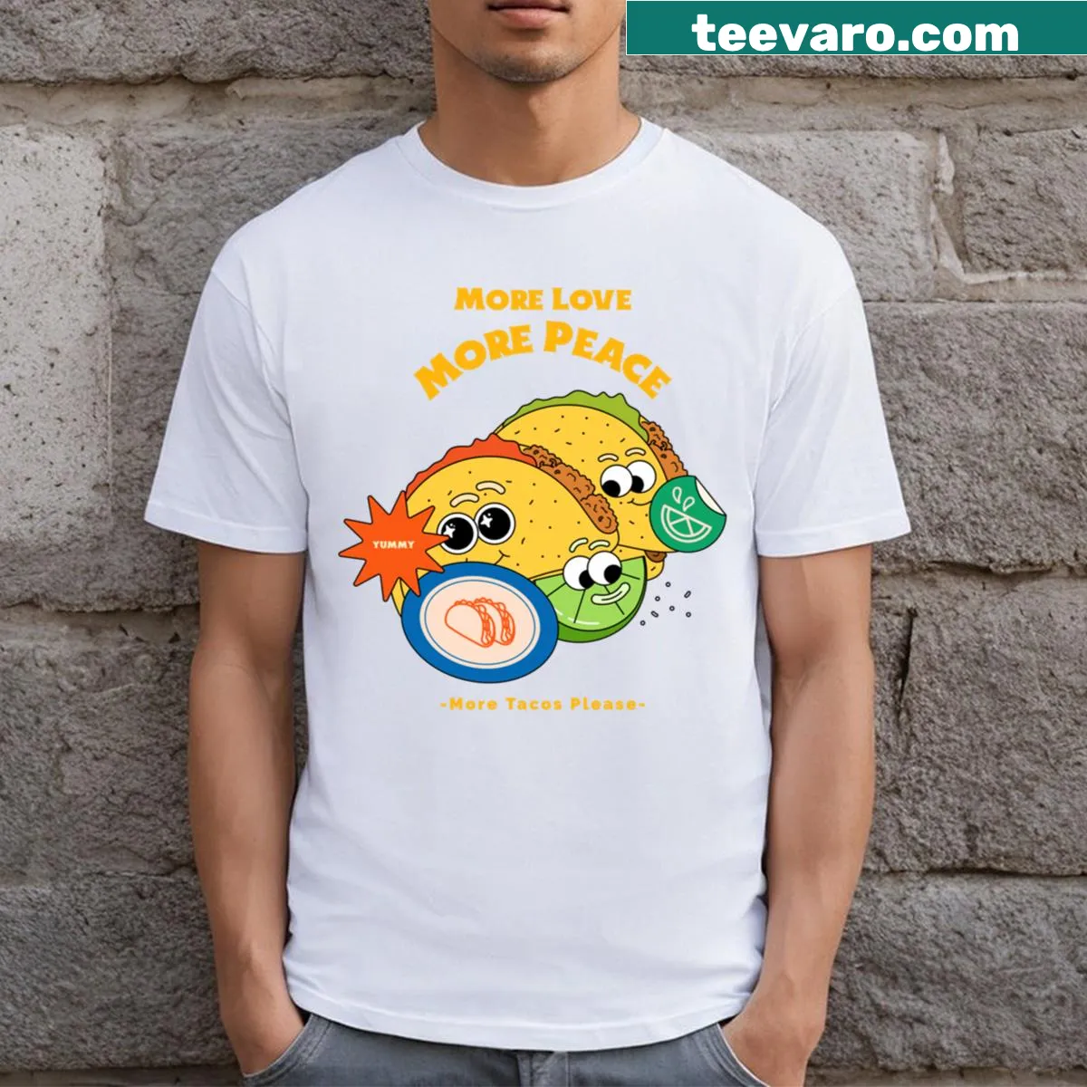 Playful More Love More Peace More Tacos t-shirt with fun typography — on a men's t-shirt