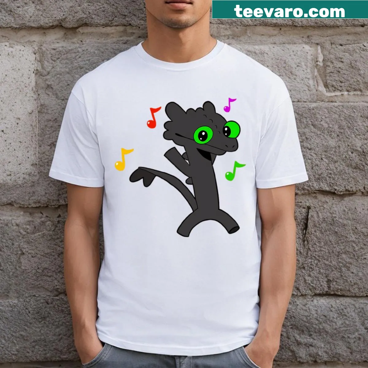 Cartoon T-shirt featuring a dancing toothless character — on a men's t-shirt