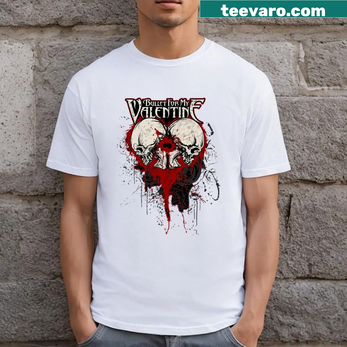 Vintage-style T-shirt with two skulls and Bullet For My Valentine theme — on a men's t-shirt