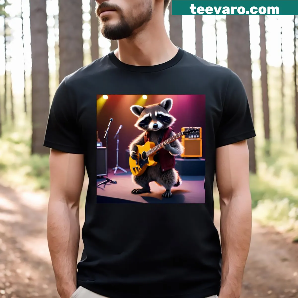 Illustrative T-shirt of a raccoon playing musical instruments — on a men's t-shirt