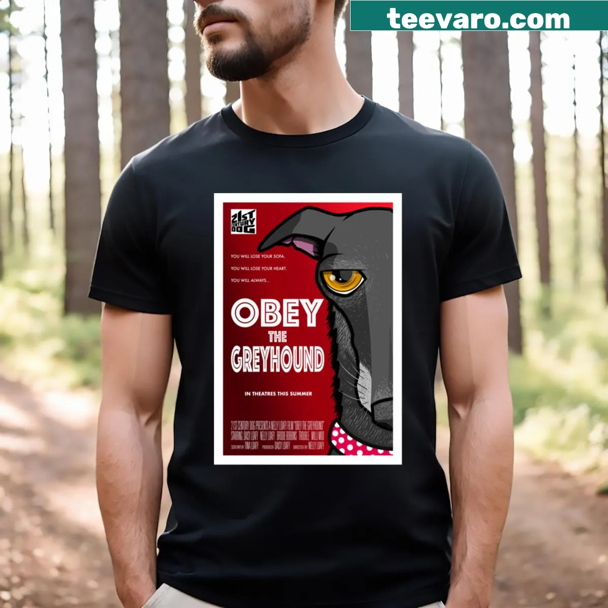 Bold graphic tee featuring the phrase 'Obey The Greyhound' — on a men's t-shirt