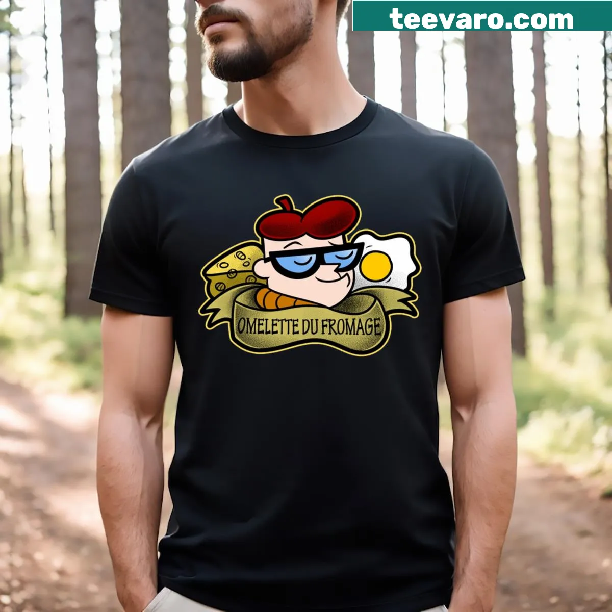 T-shirt featuring the phrase 'Omelette Du Fromage' in playful typography — on a men's t-shirt