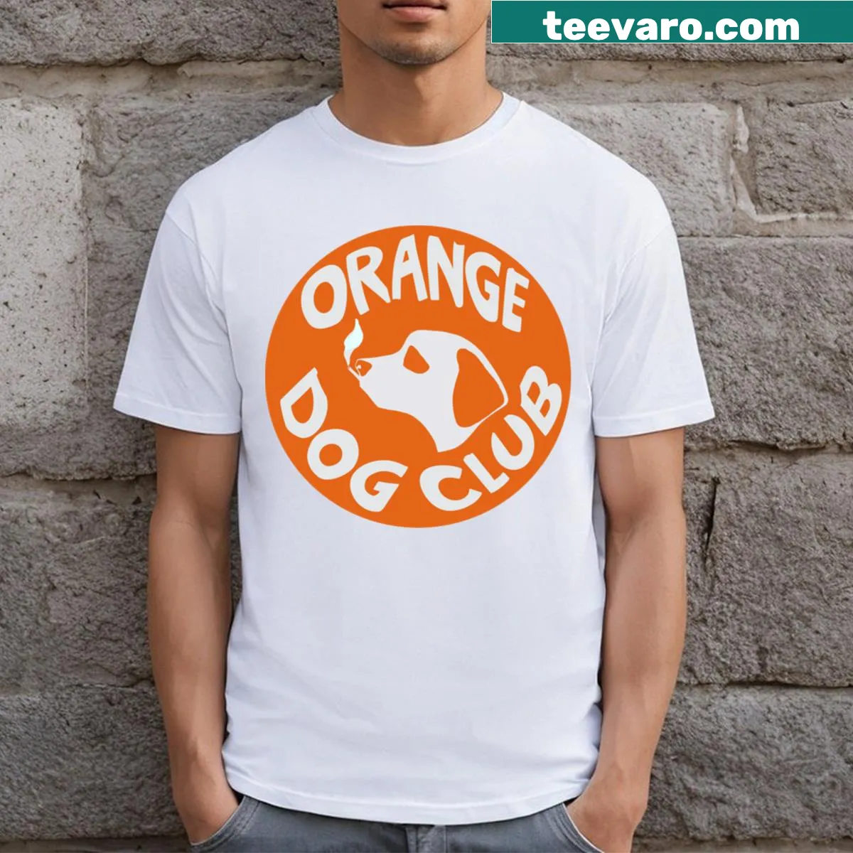 Playful Orange Dog Club logo T-shirt for dog lovers — on a men's t-shirt