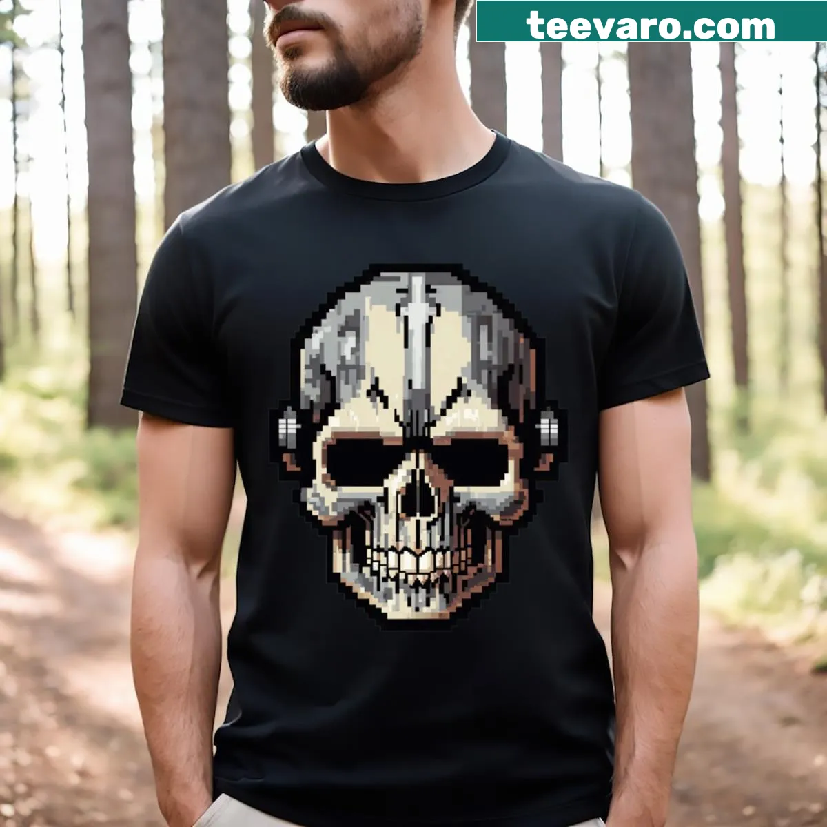 Pixel art skull graphic on a retro gaming T-shirt — on a men's t-shirt
