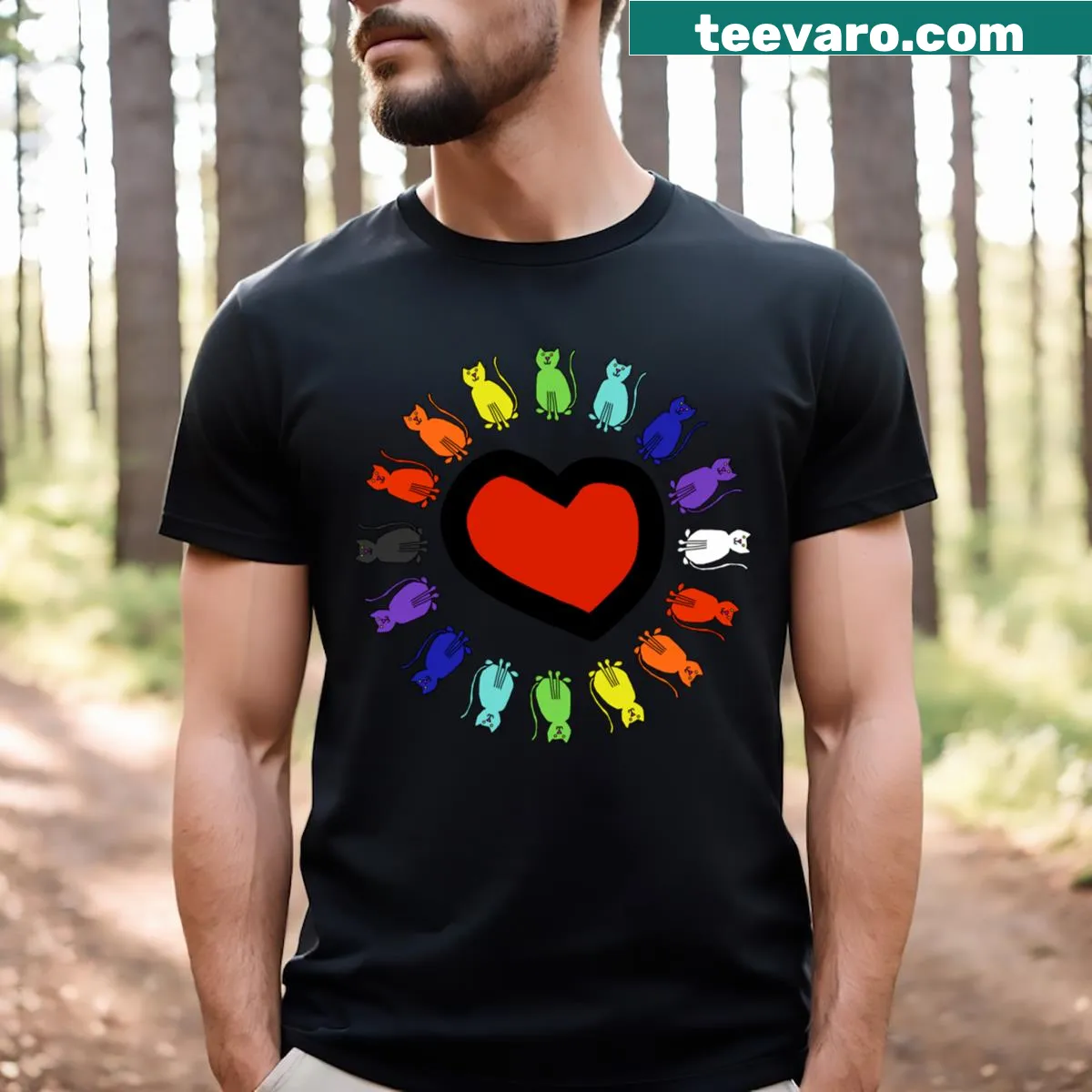 Colorful cats in a heart shape for a fun Valentine's Day T-shirt — on a men's t-shirt
