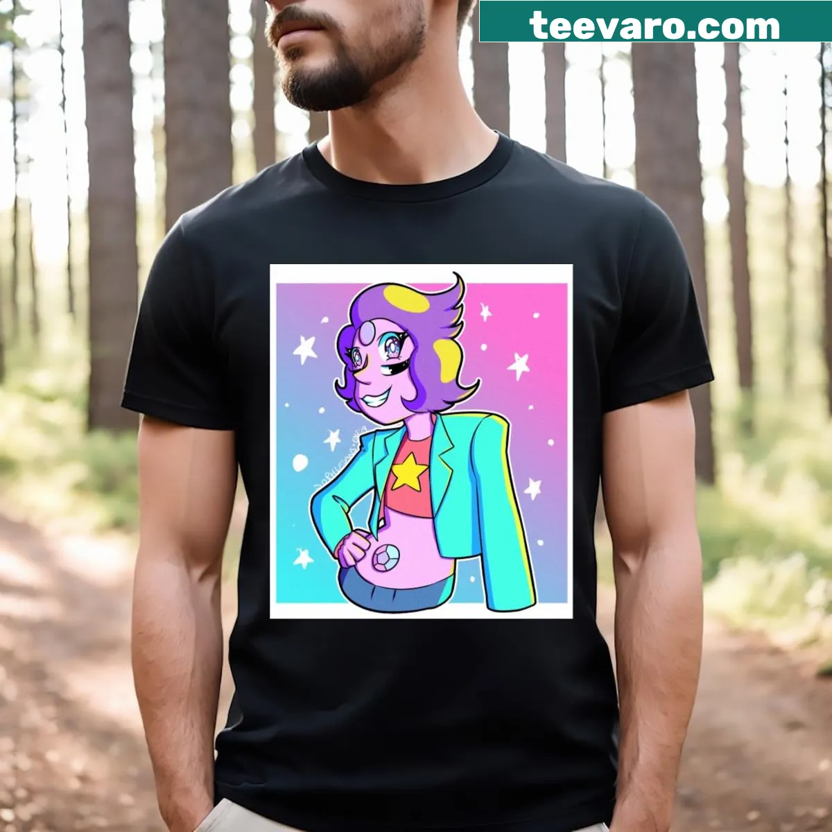 Bold typography t-shirt featuring 'Rainbow Quartz 20' — on a men's t-shirt