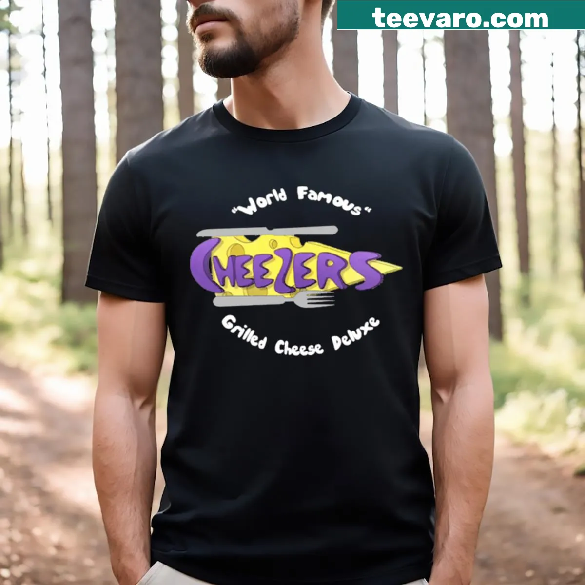 Cartoon T-shirt featuring Cheezers from Regular Show — on a men's t-shirt