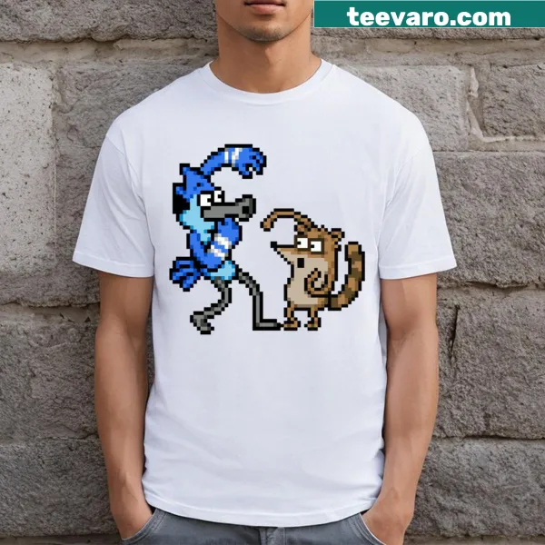 Pixel art t-shirt featuring Mordecai and Rigby from Regular Show