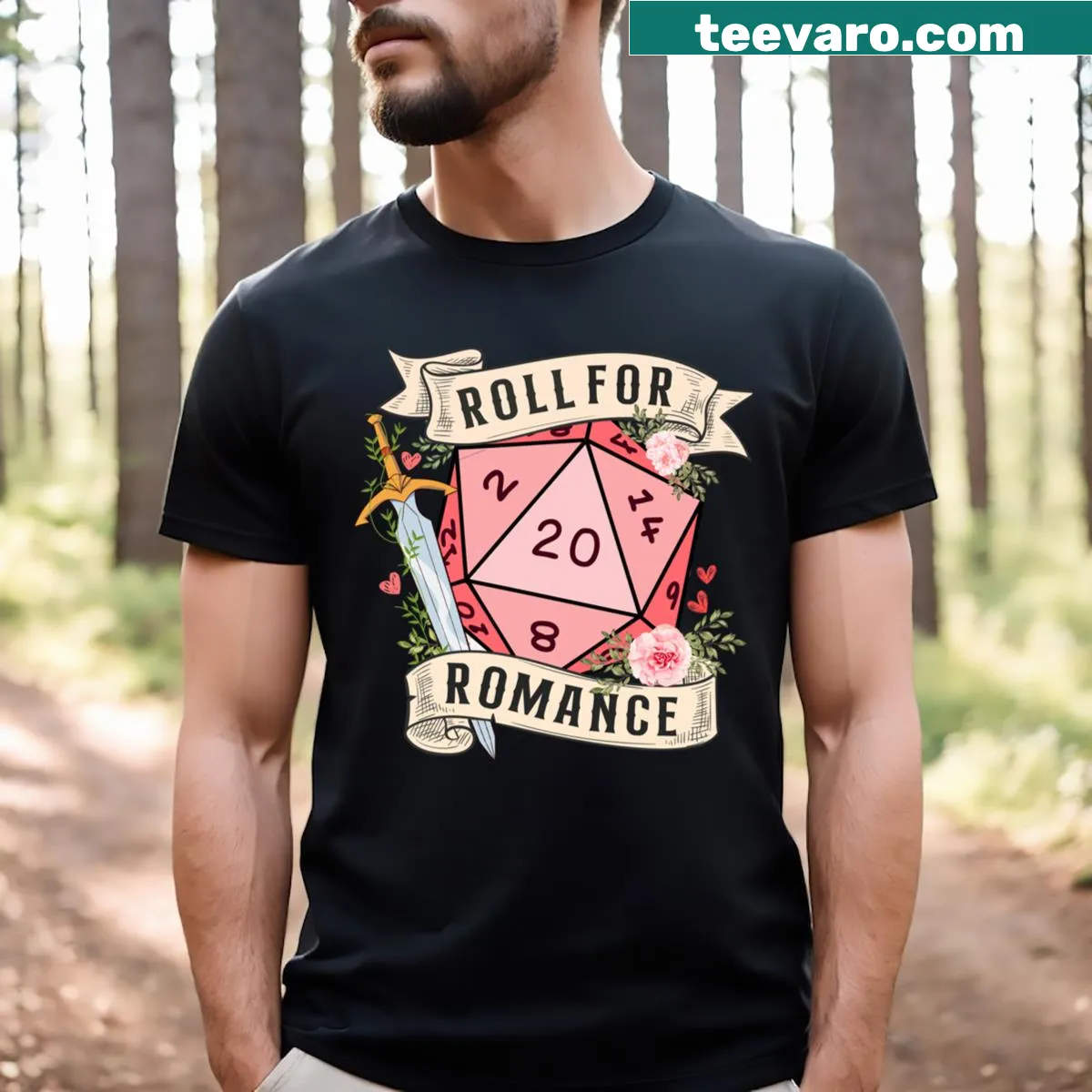 Cute D20 dice with flowers and sword design on a T-shirt — on a men's t-shirt