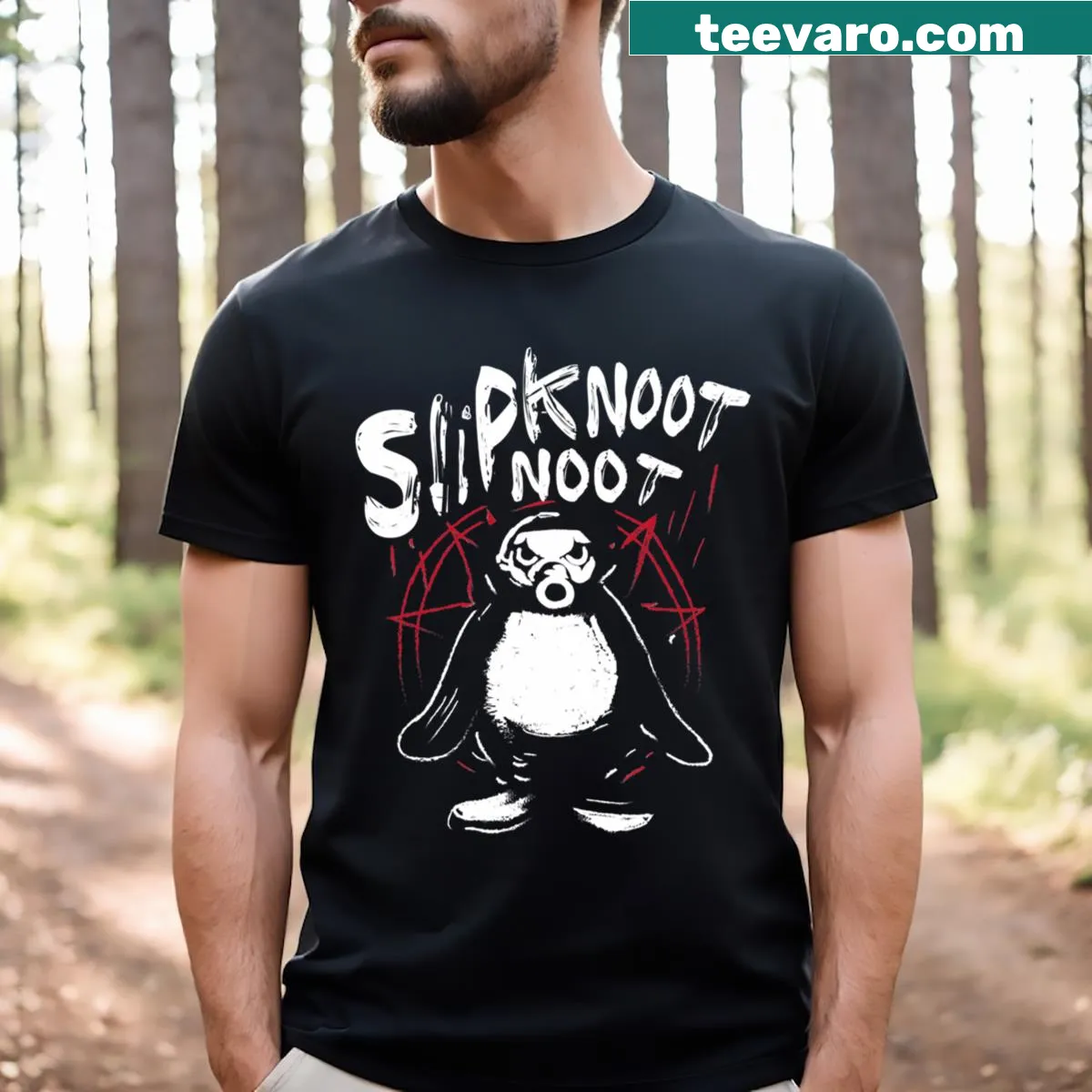 Edgy penguin design with goth elements for music lovers. — on a men's t-shirt